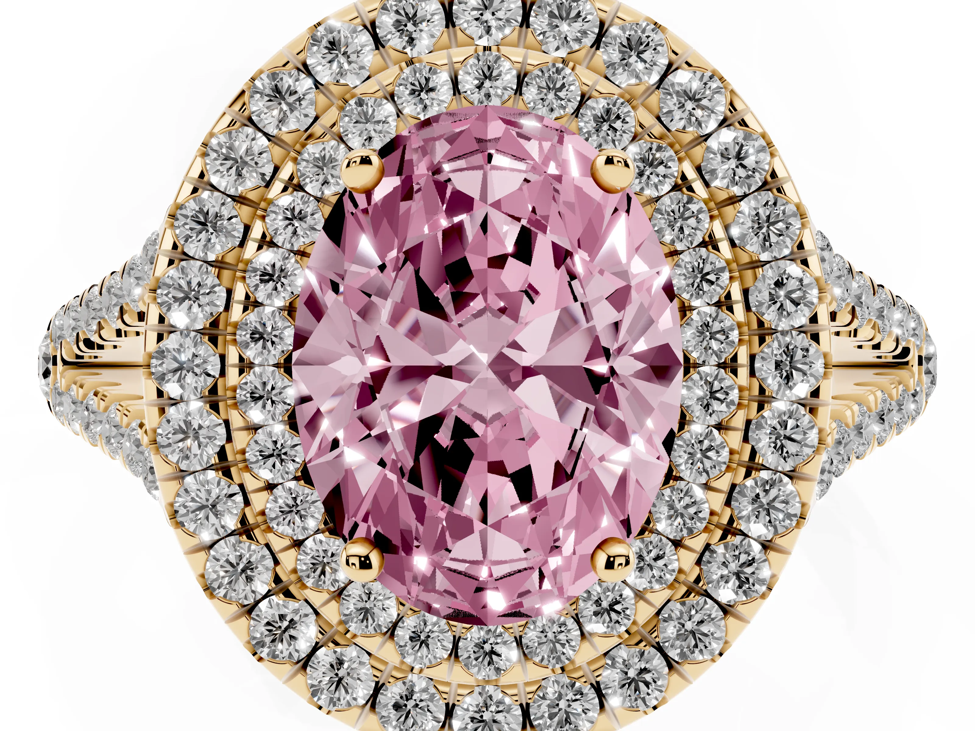 Fancy Pink Oval Cut Diamond Double Halo Ring Set in Yellow gold with Pavé Band