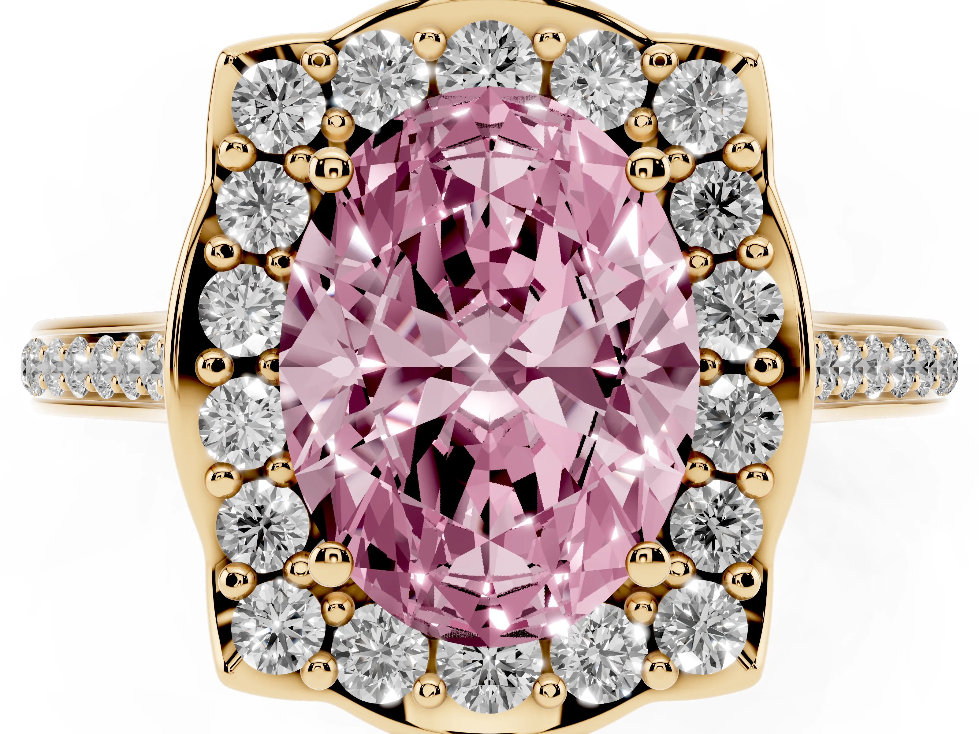 Fancy Pink Oval Cut Diamond Halo Ring Set in Yellow gold with Pavé-Lined Shoulders and Prong Setting