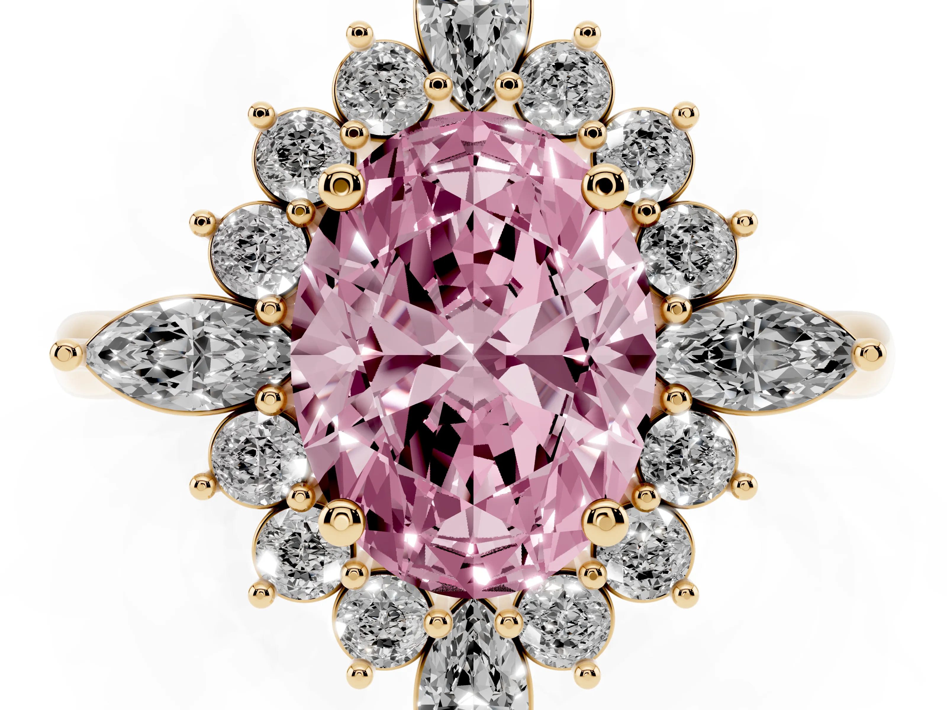 Fancy Pink Oval Cut Diamond Cluster Halo Ring Set in Yellow gold with Marquise and Round Accents