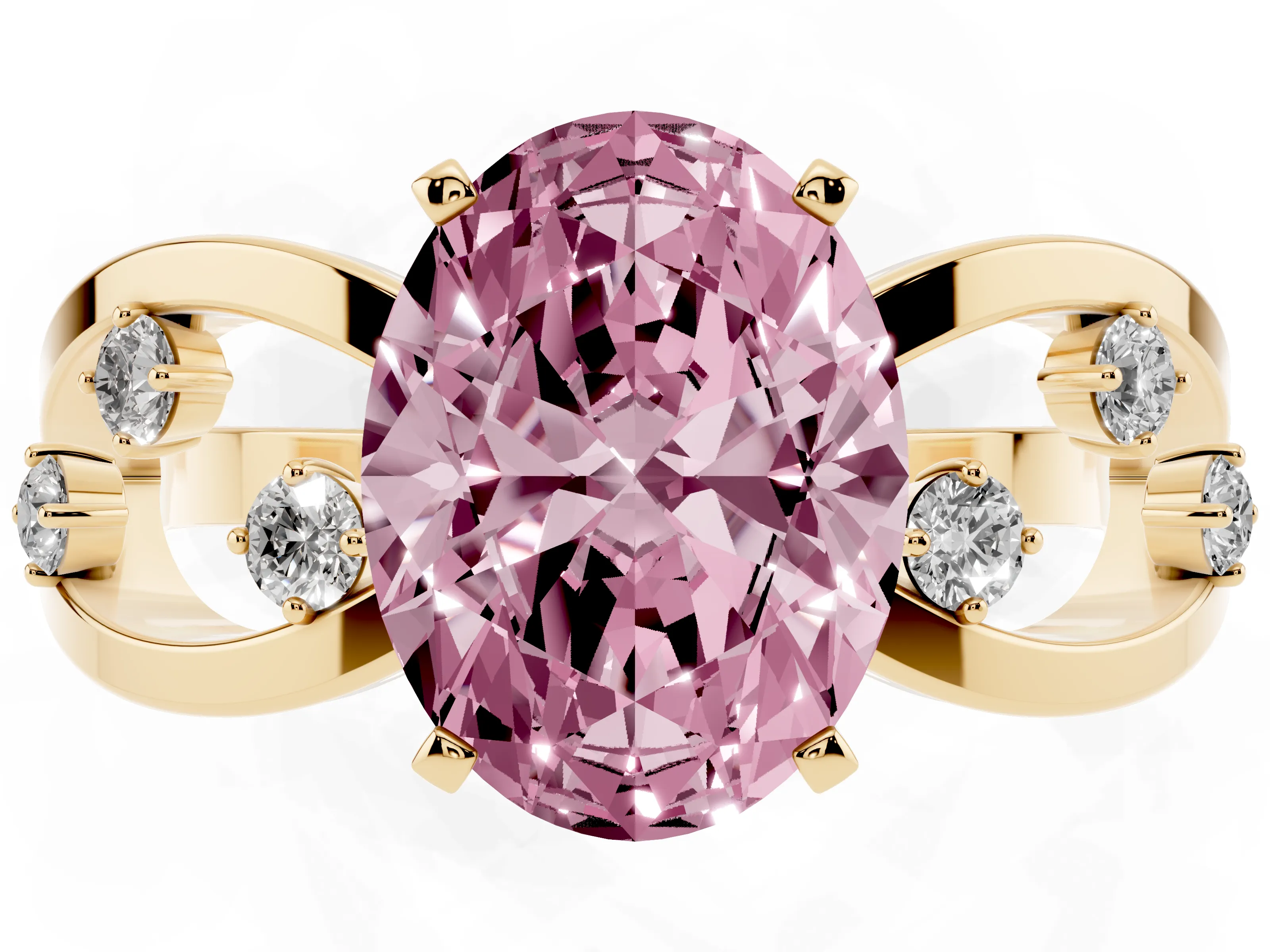Fancy Pink Oval Cut Diamond Solitaire Ring Set in Yellow gold with Side Stones on Criss-Cross Band and Prong Setting