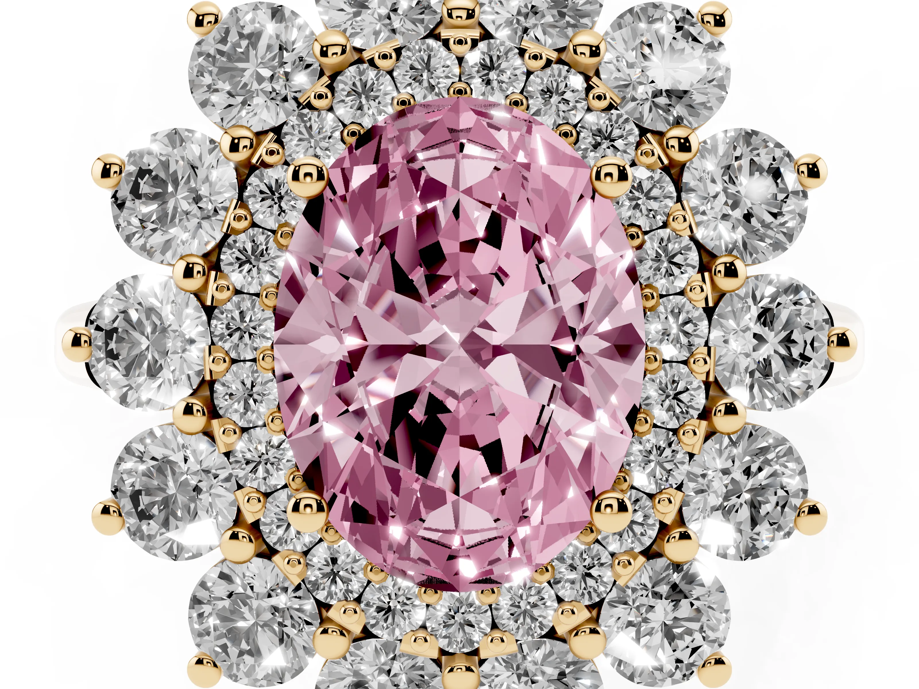 Fancy Pink Oval Cut Diamond Floral Double Halo Ring Set in Yellow gold with Round Petals