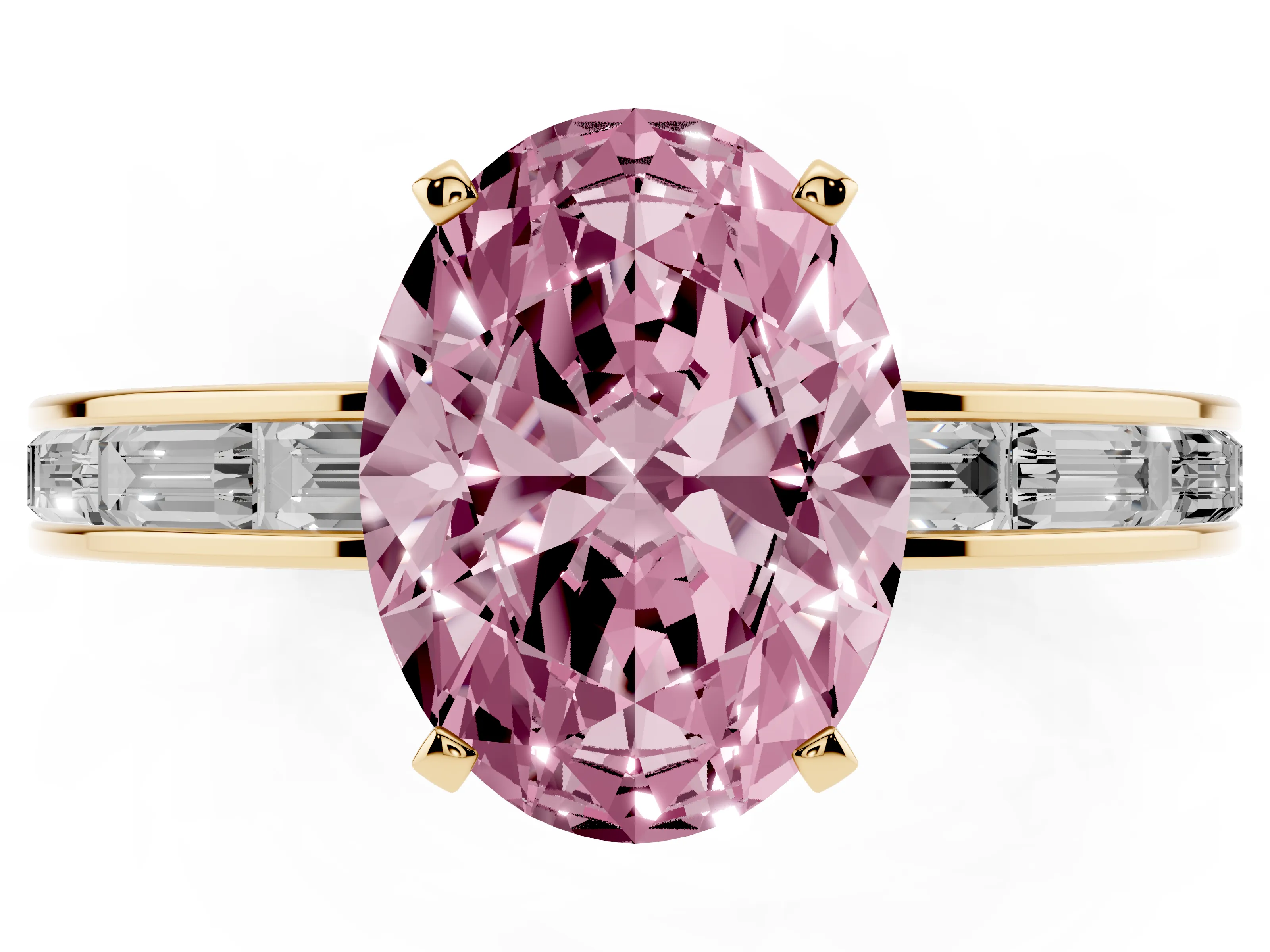 Fancy Pink Oval Cut Diamond Solitaire Ring Set in Yellow gold with Channel-Set Baguette Band and Prong Setting
