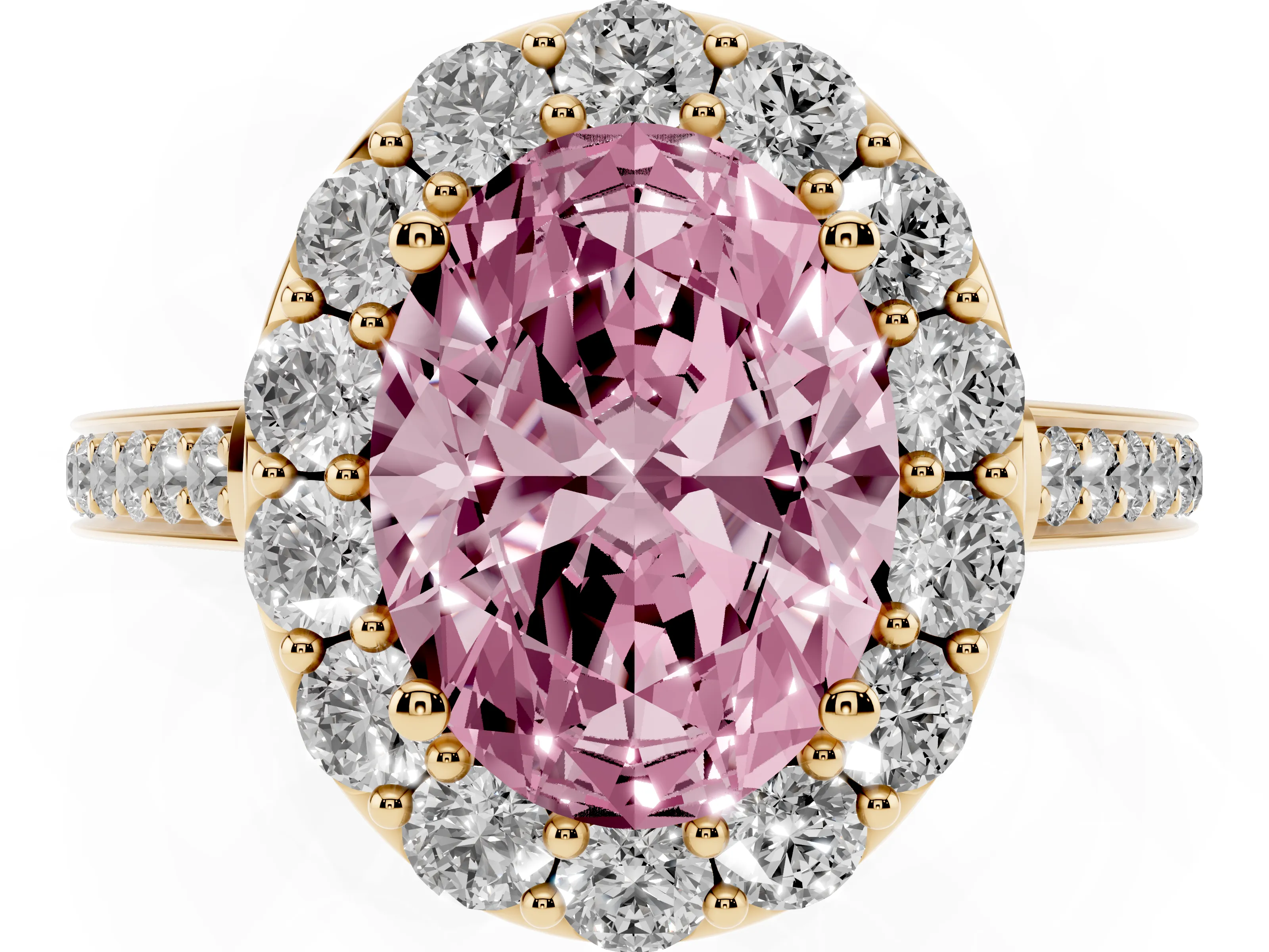 Fancy Pink Oval Cut Diamond Floral Halo Ring Set in Yellow gold with Pavé Band and Prong Setting