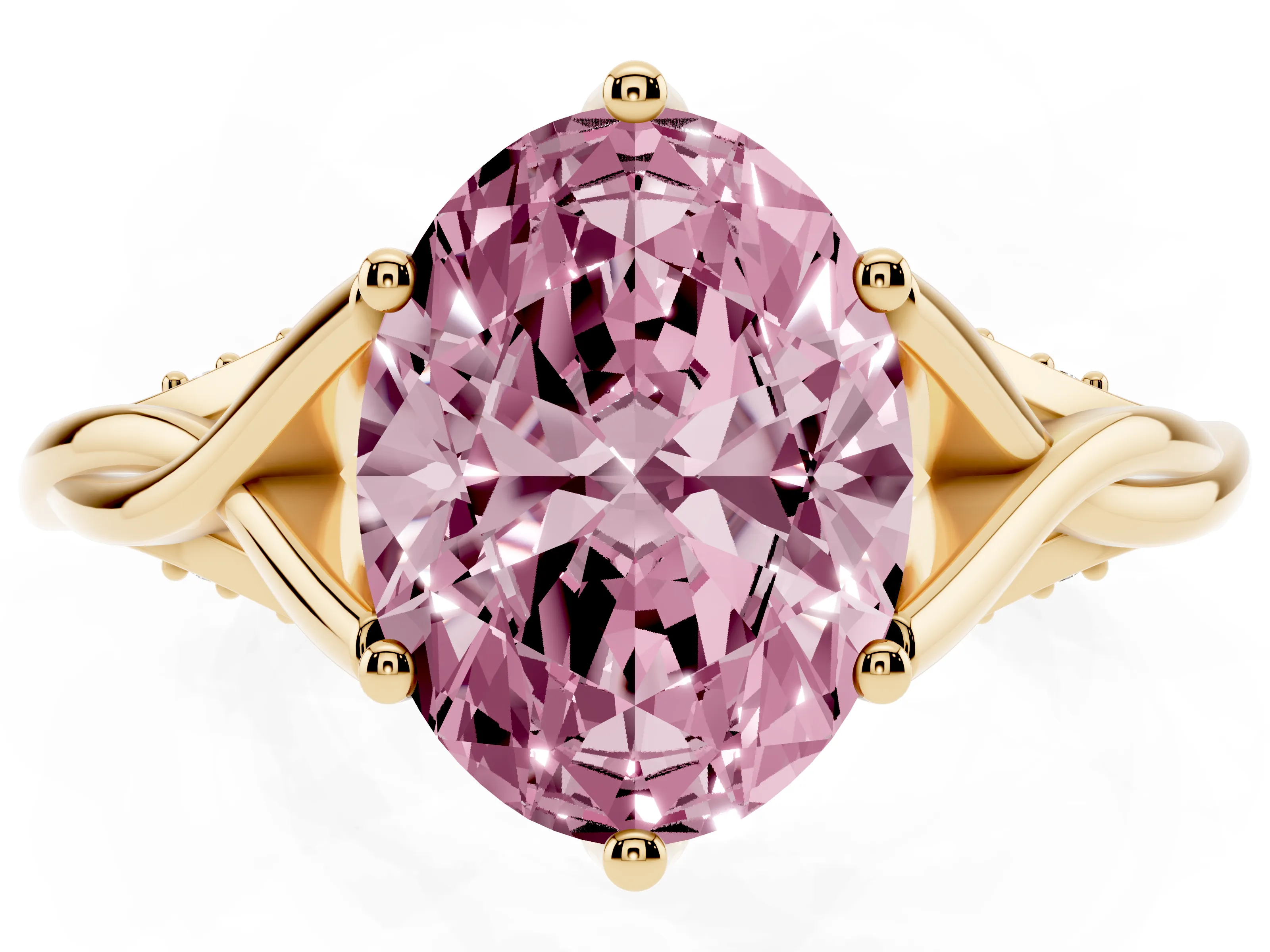 Fancy Pink Oval Cut Diamond Intertwined Twist Band Solitaire Ring Set in Yellow gold with Prong Setting
