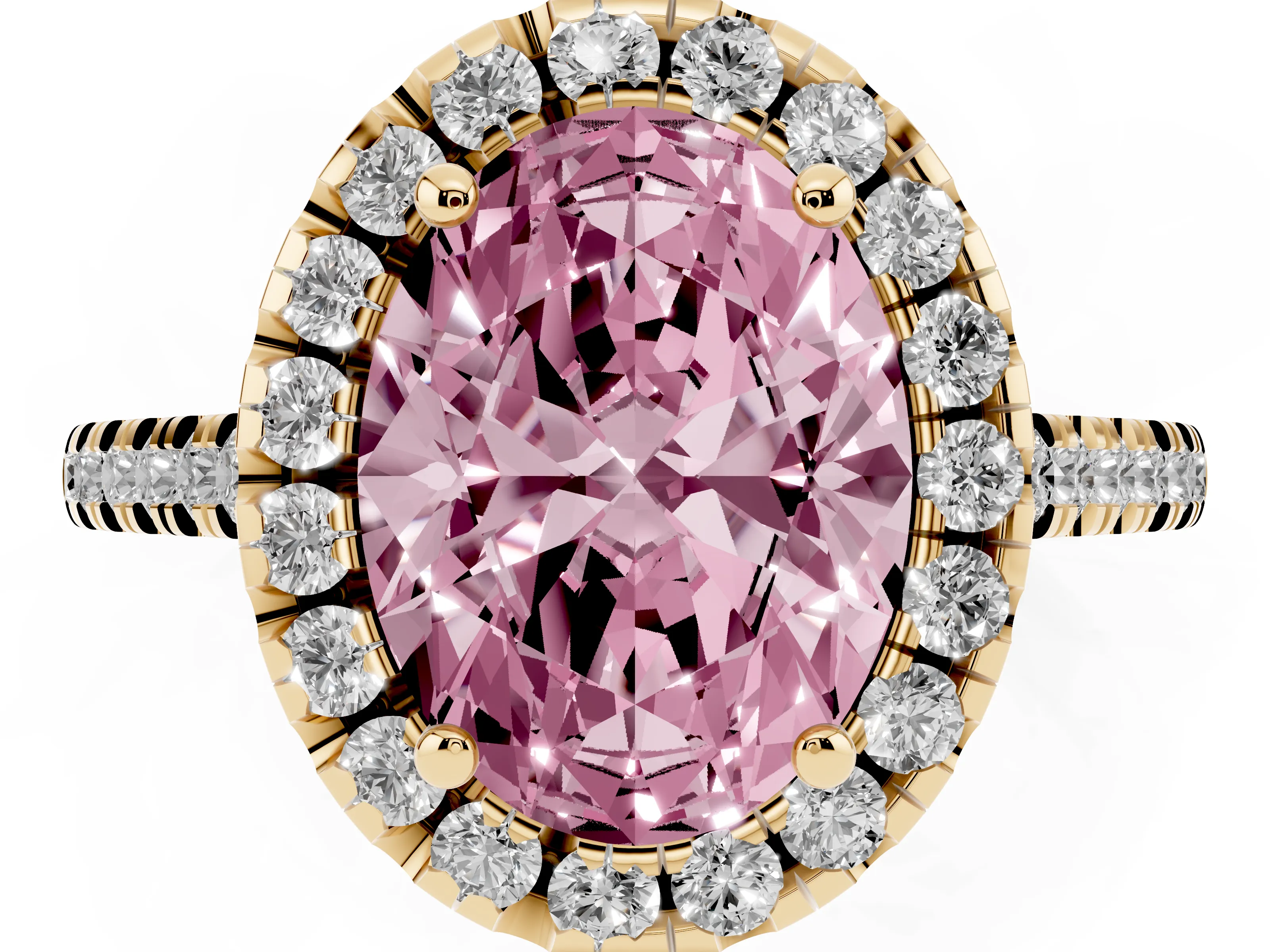Fancy Pink Oval Cut Diamond Cushion Halo Ring Set in Yellow gold with Pavé Band