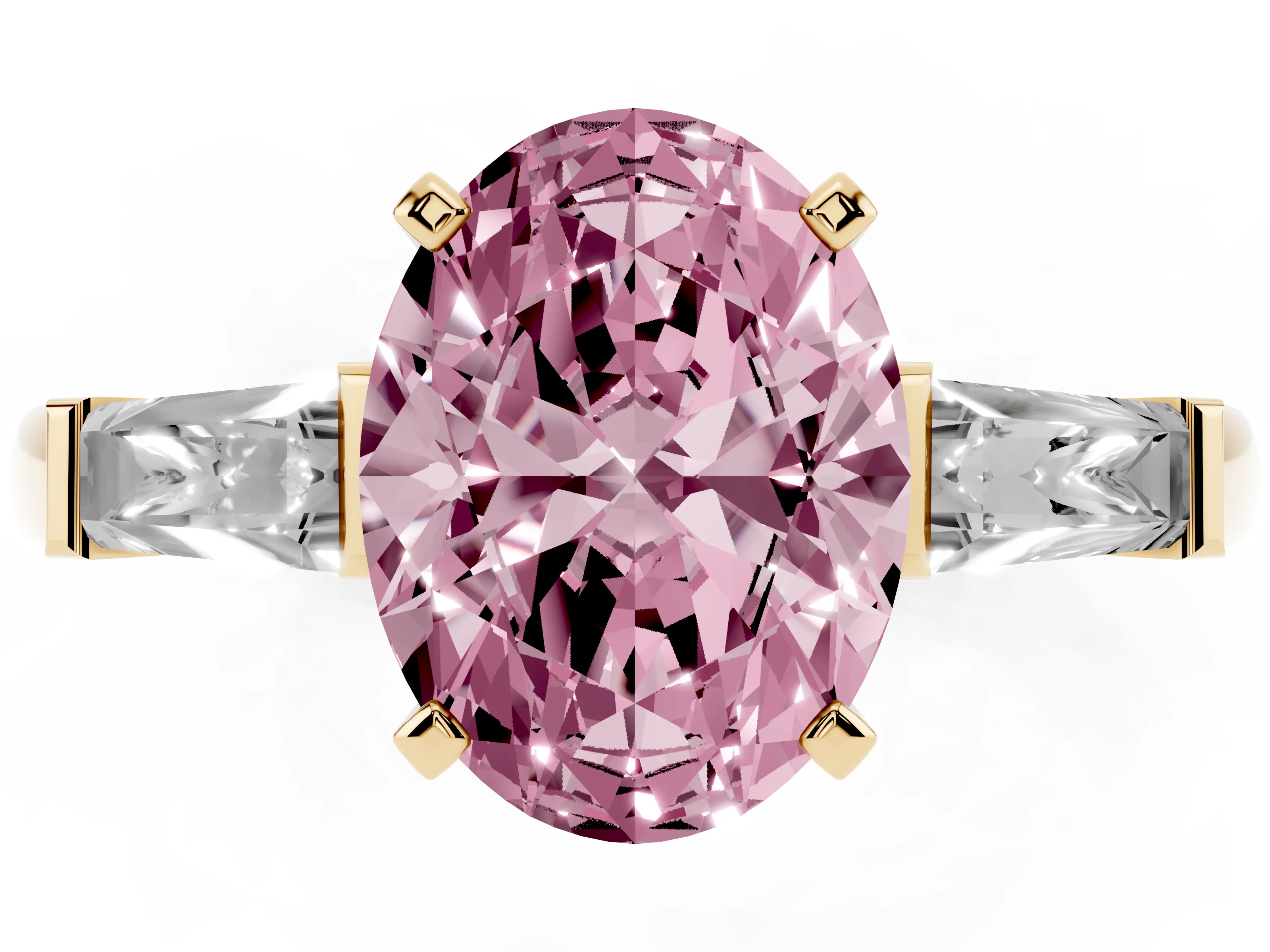 Fancy Pink Oval Cut Diamond Solitaire Ring Set in Yellow gold with Tapered Baguette Side Stones and Prong Setting