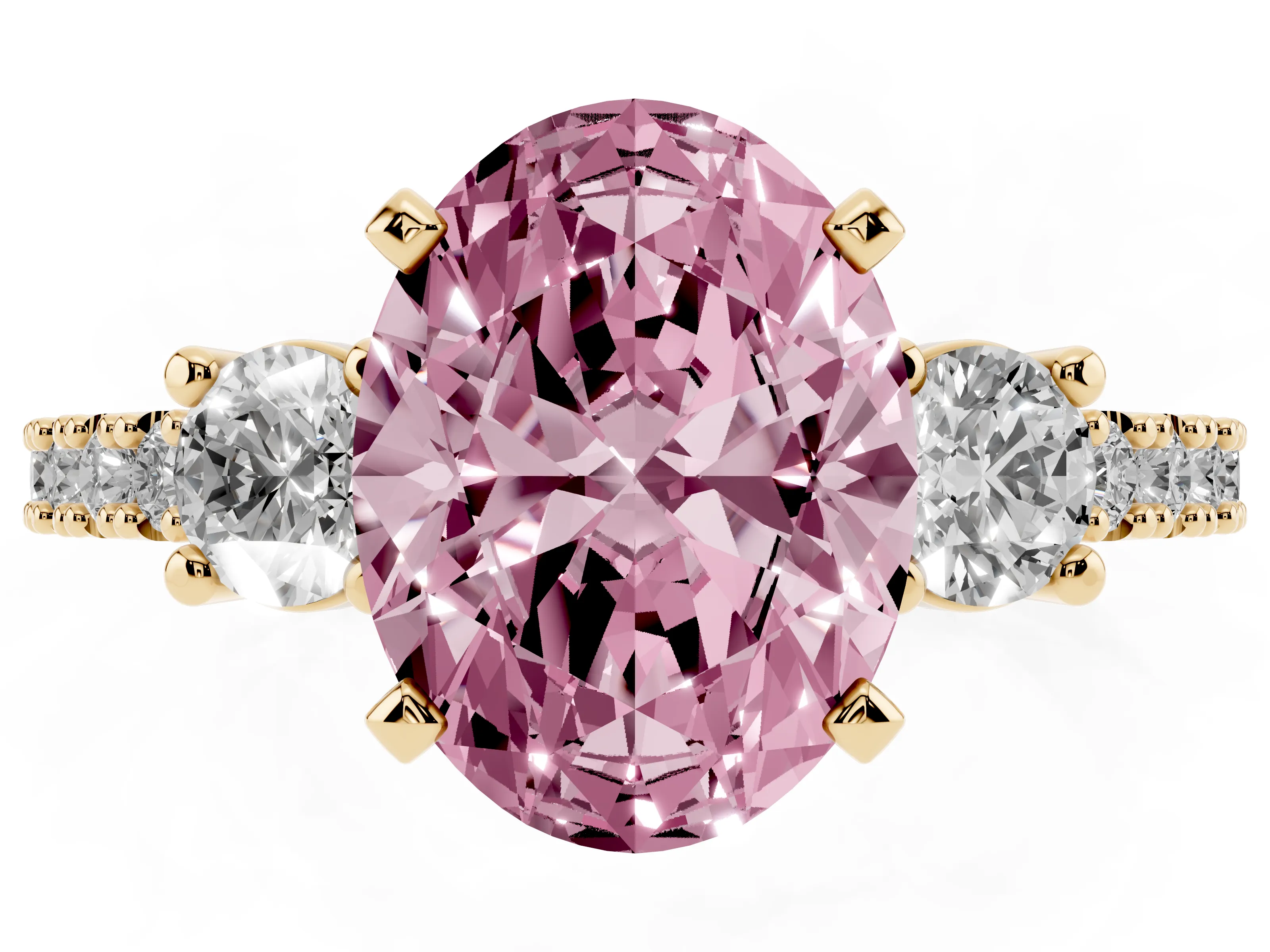 Fancy Pink Three-Stone Oval Cut Diamond Pavé Band Ring Set in Yellow gold with Prong Setting