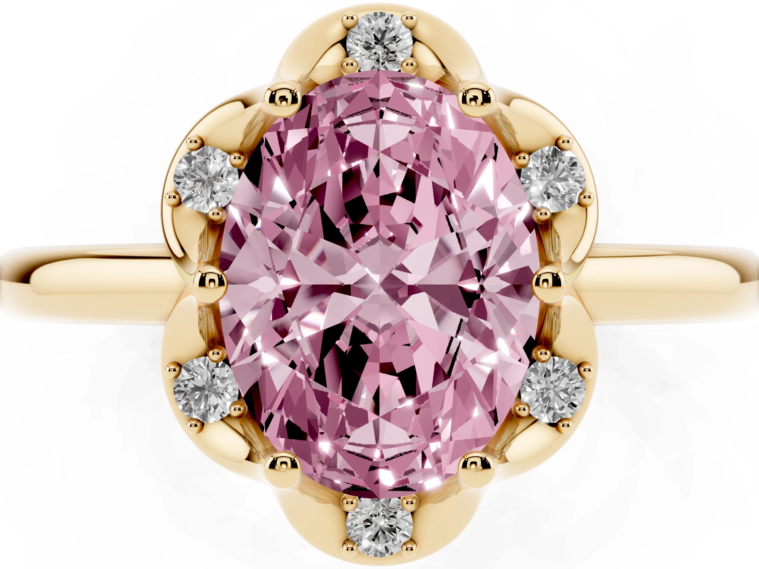 Fancy Pink Oval Cut Diamond Round Cluster Halo Ring Set in Yellow gold with Solitaire Band and Prong Setting