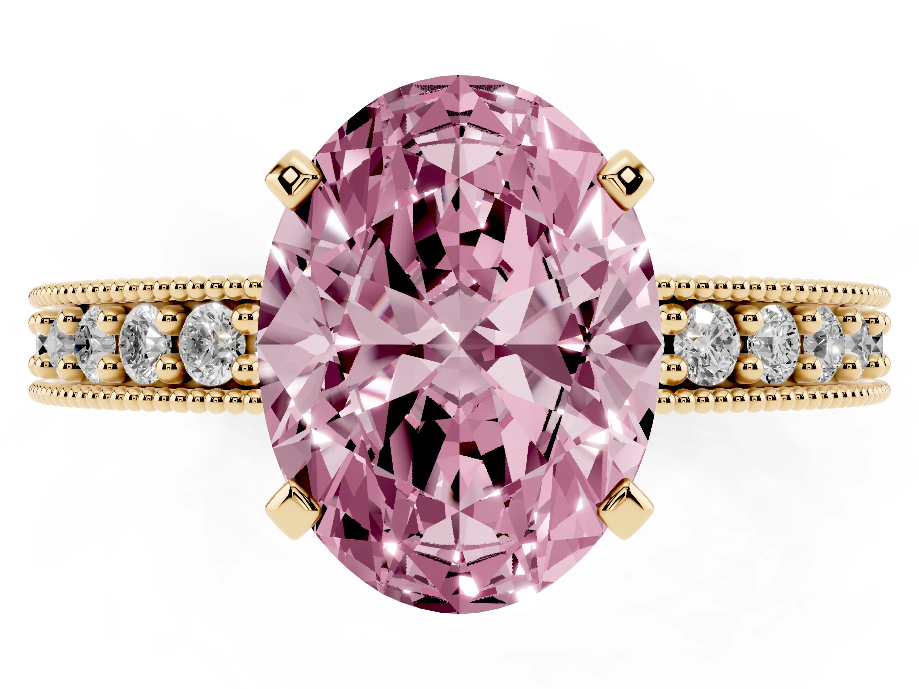 Fancy Pink Oval Cut Diamond Milgrain Pavé Engagement Ring Set in Yellow gold with Prong Setting