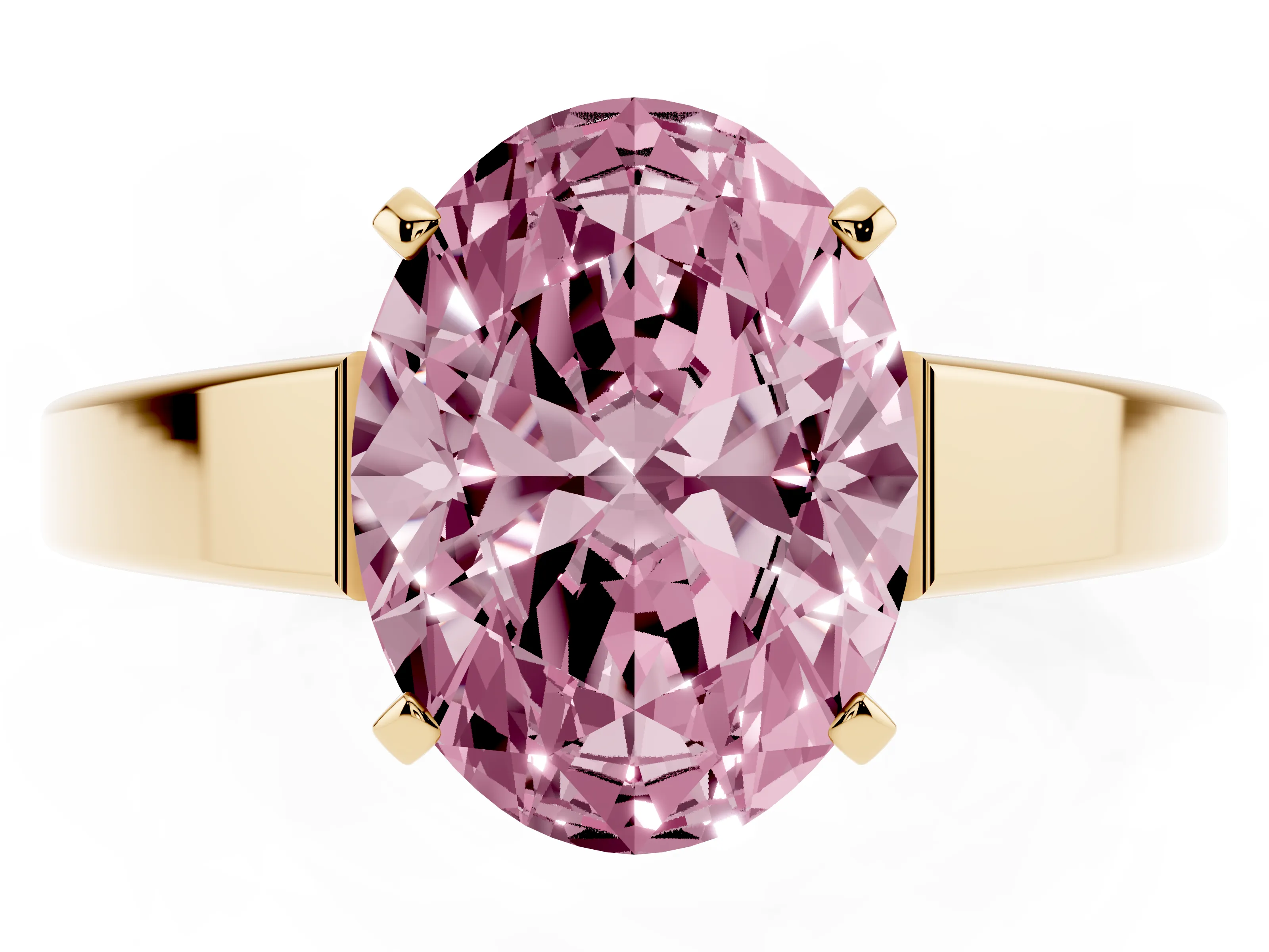 Fancy Pink Oval Cut Diamond Solitaire Engagement Ring Set in Yellow gold with Prong Setting and Tapered Band