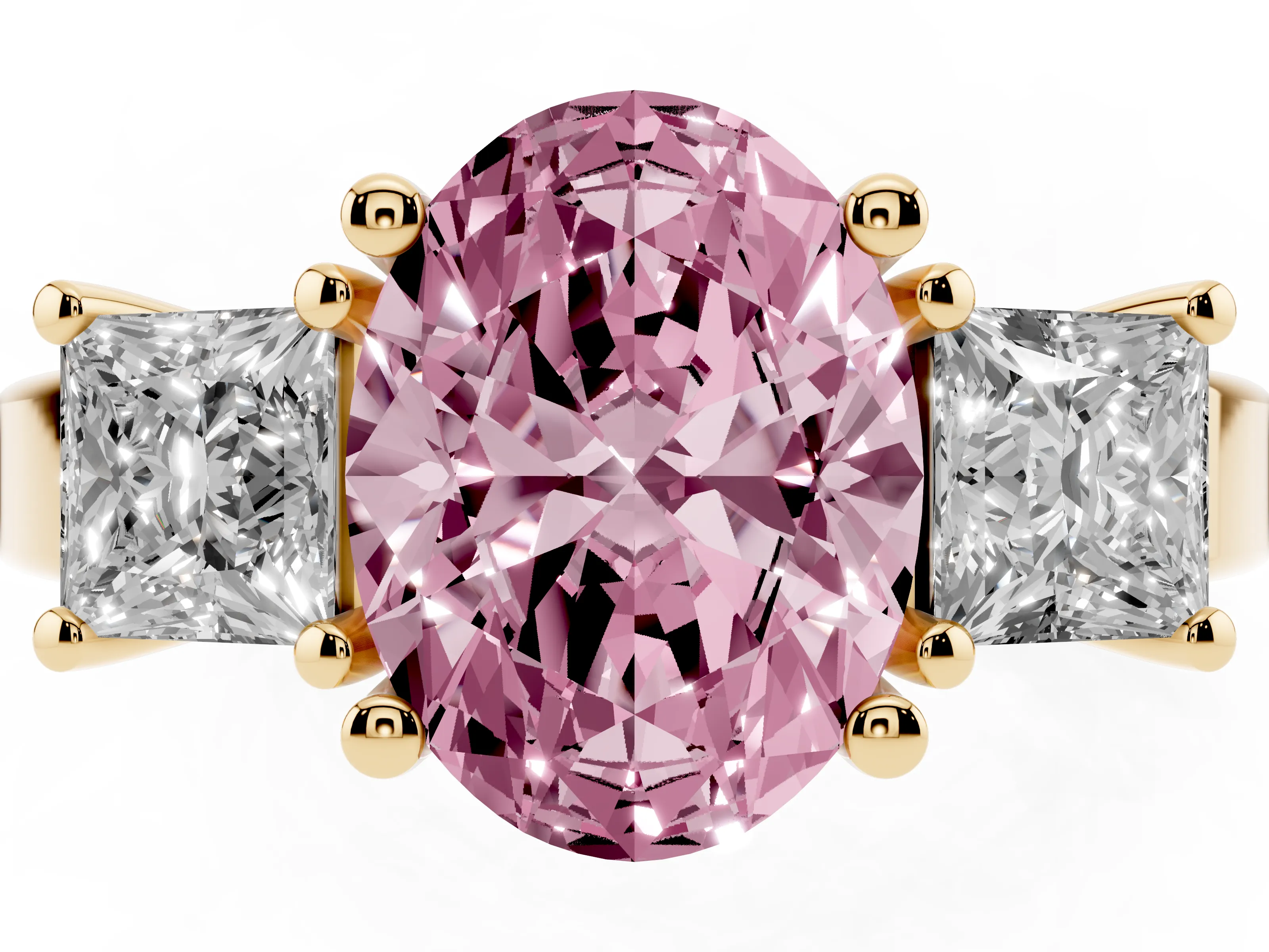 Fancy Pink Three-Stone Oval Cut Diamond Solitaire Ring Set in Yellow gold with Prong Setting