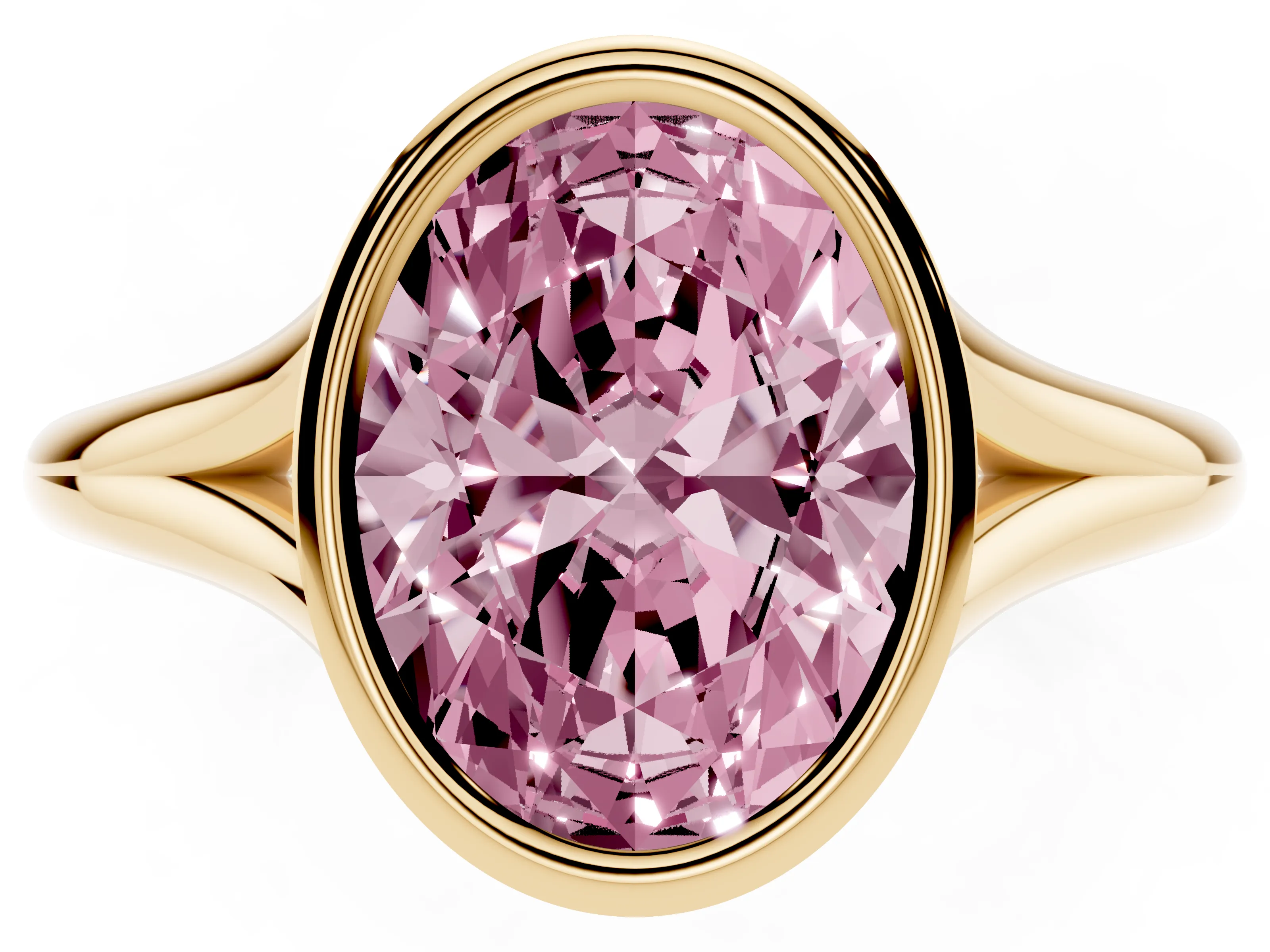 Fancy Pink Bezel Set Oval Cut Diamond Solitaire Ring Set in Yellow gold with Tapered Band