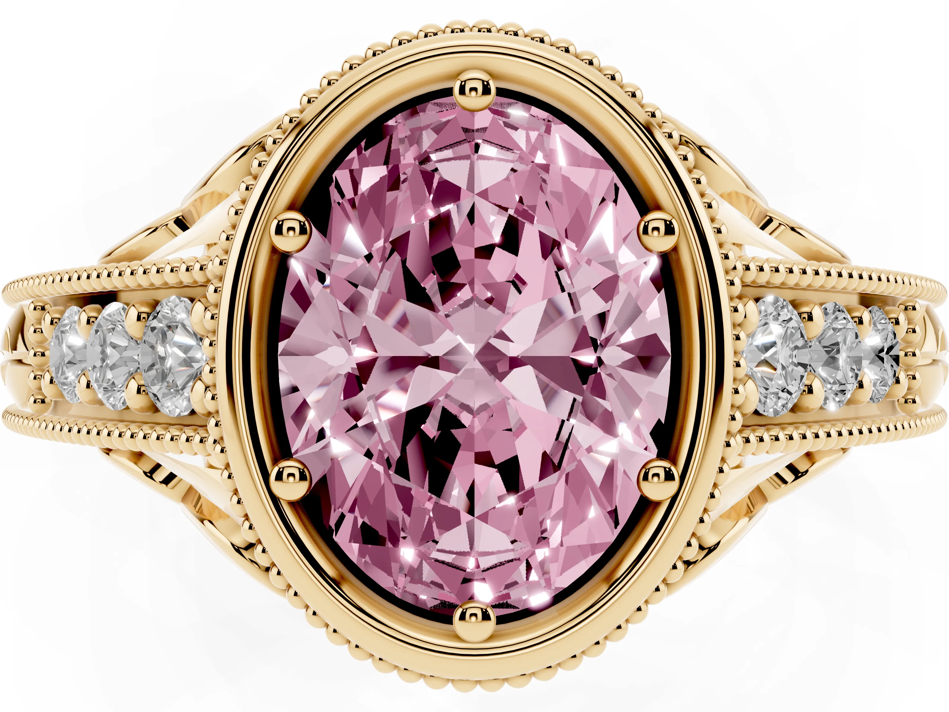 Fancy Pink Bezel Set Oval Cut Diamond Milgrain Pavé Engagement Ring Set in Yellow gold