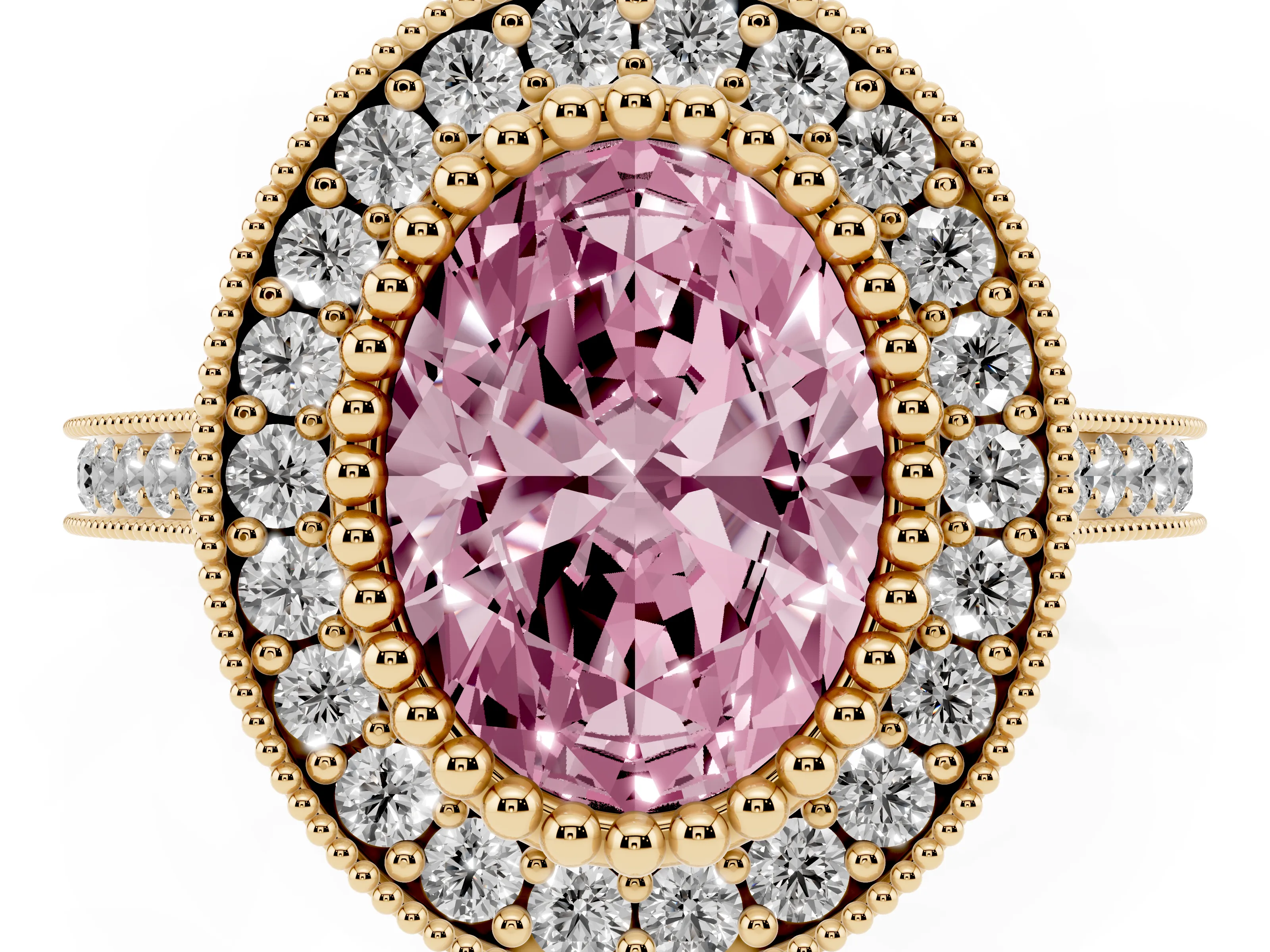 Fancy Pink Oval Cut Diamond Halo Ring Set in Yellow gold with Milgrain Frame and Pavé Band