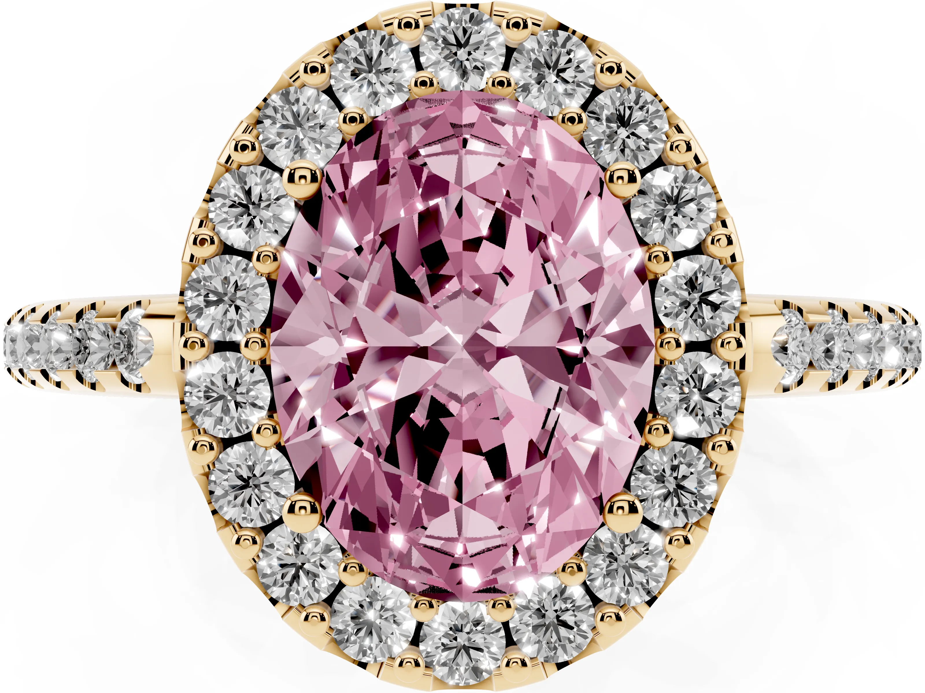 Fancy Pink Oval Cut Diamond Pavé Halo Ring Set in Yellow gold with Prong Setting