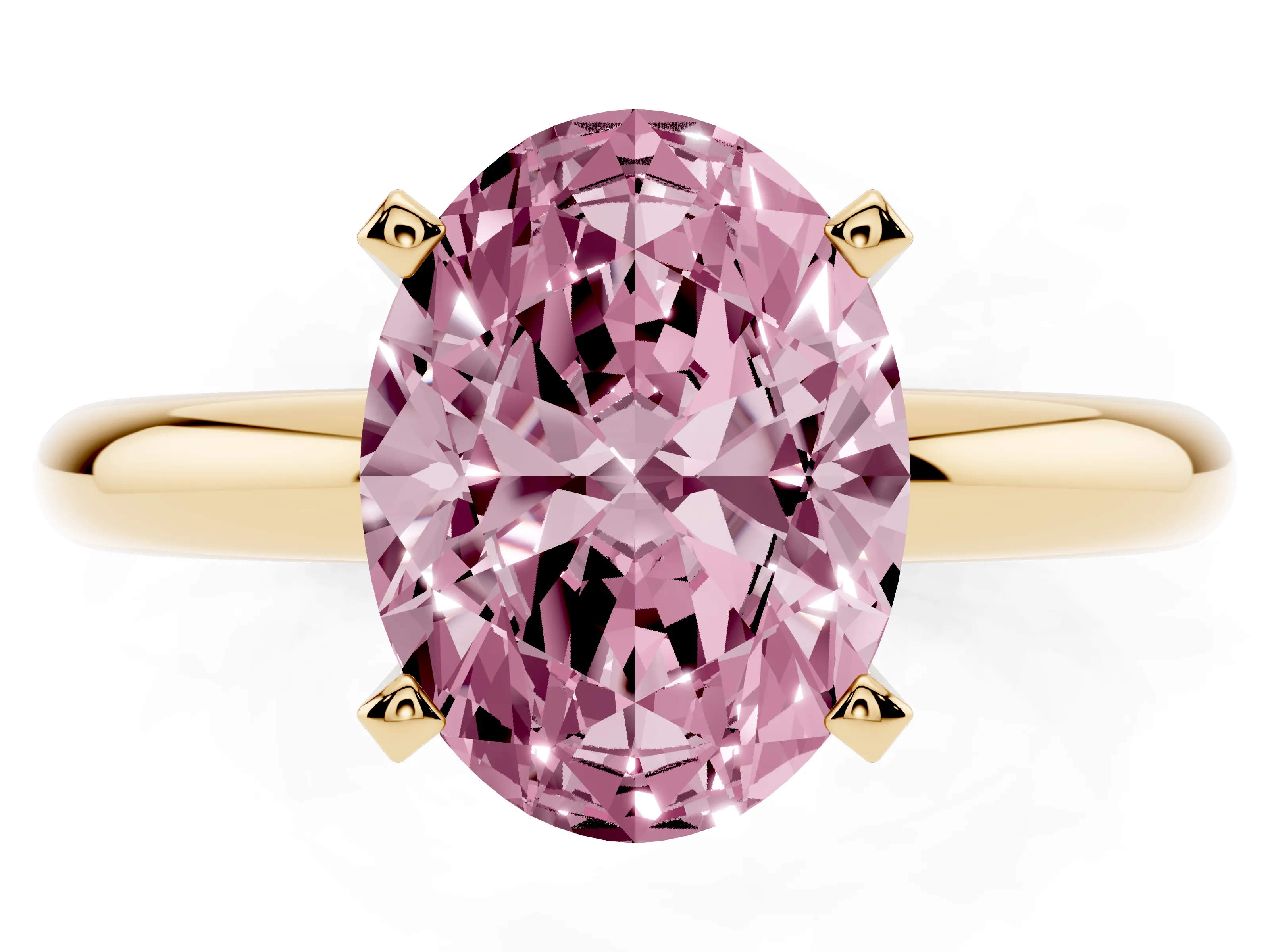 Fancy Pink Oval Cut Diamond Solitaire Engagement Ring Set in Yellow gold with Round Band and Prong Setting
