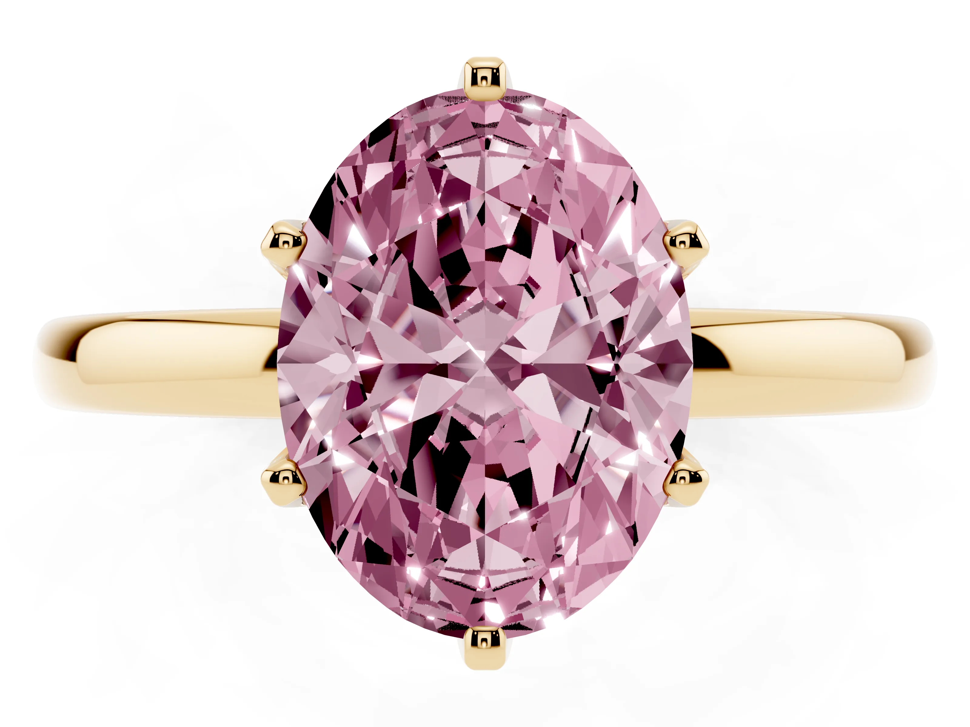 Fancy Pink Oval Cut Diamond Solitaire Ring Set in Yellow gold with Raised Prong Setting on a Classic Band