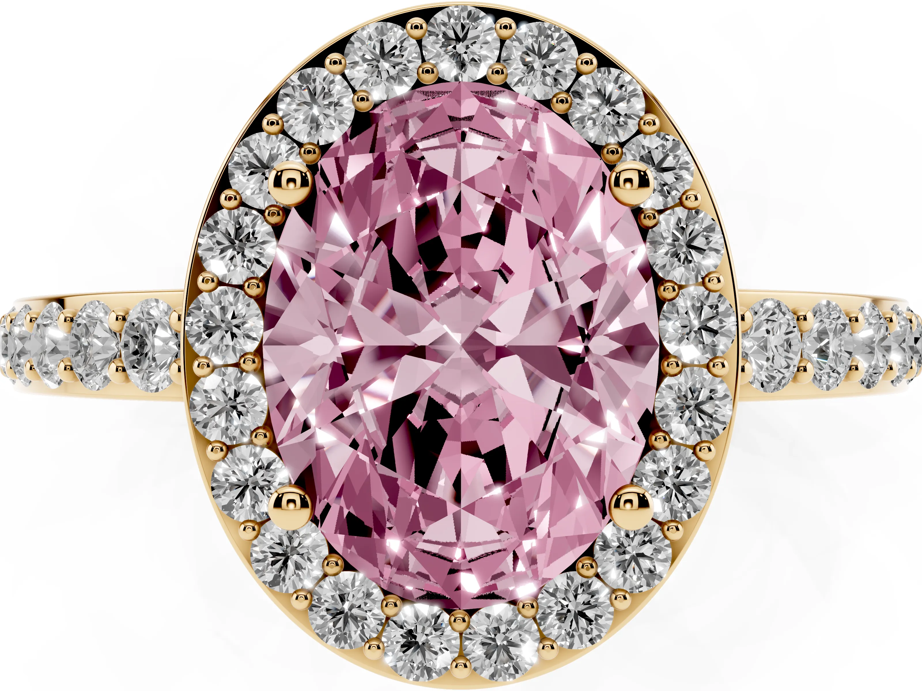 Fancy Pink Oval Cut Diamond Halo Ring Set in Yellow gold with Pavé-Setting Band and Open Prong Center