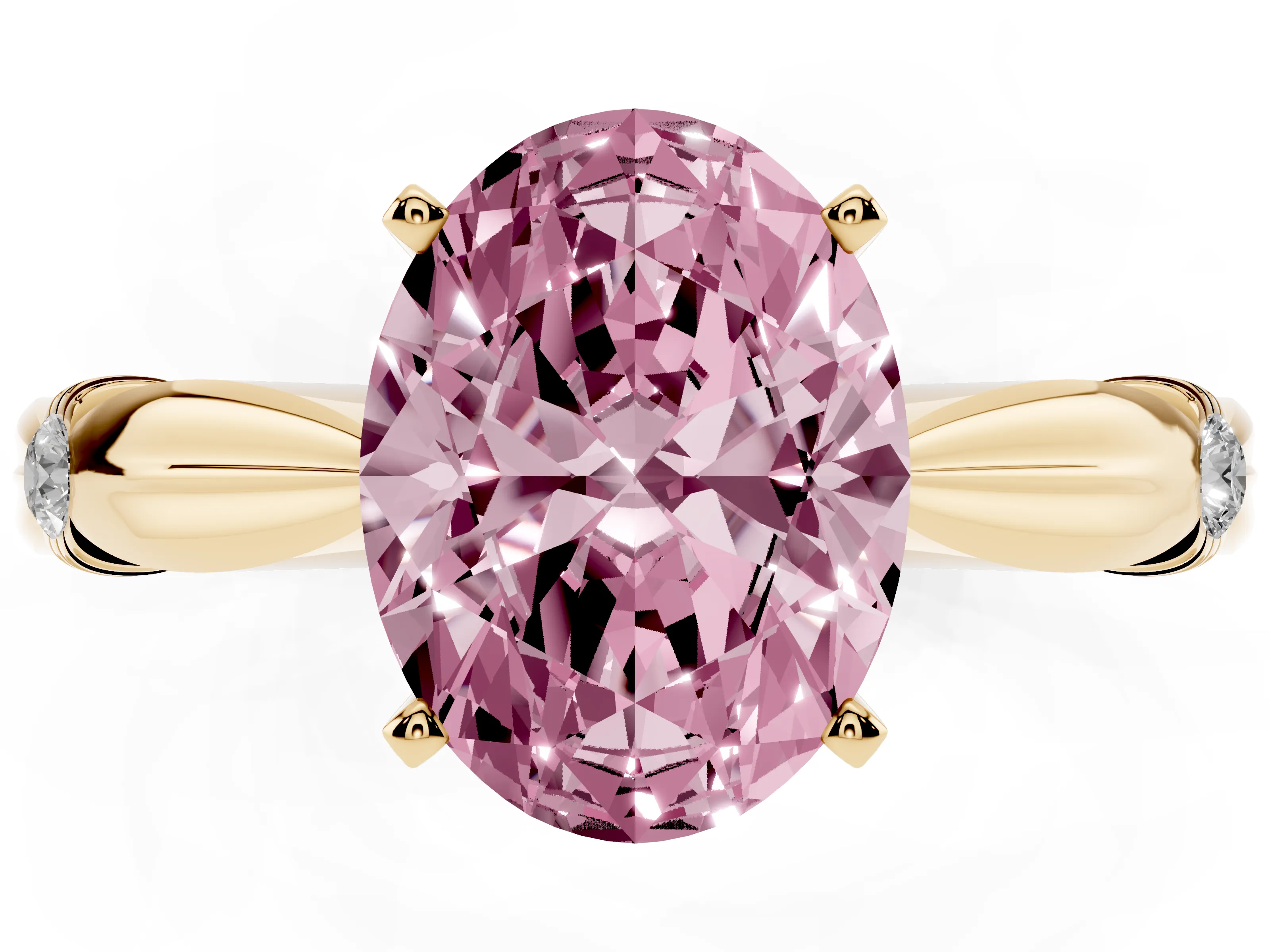 Fancy Pink Oval Cut Diamond Solitaire Twisted Band Ring Set in Yellow gold with Accent Stones and Prong Setting