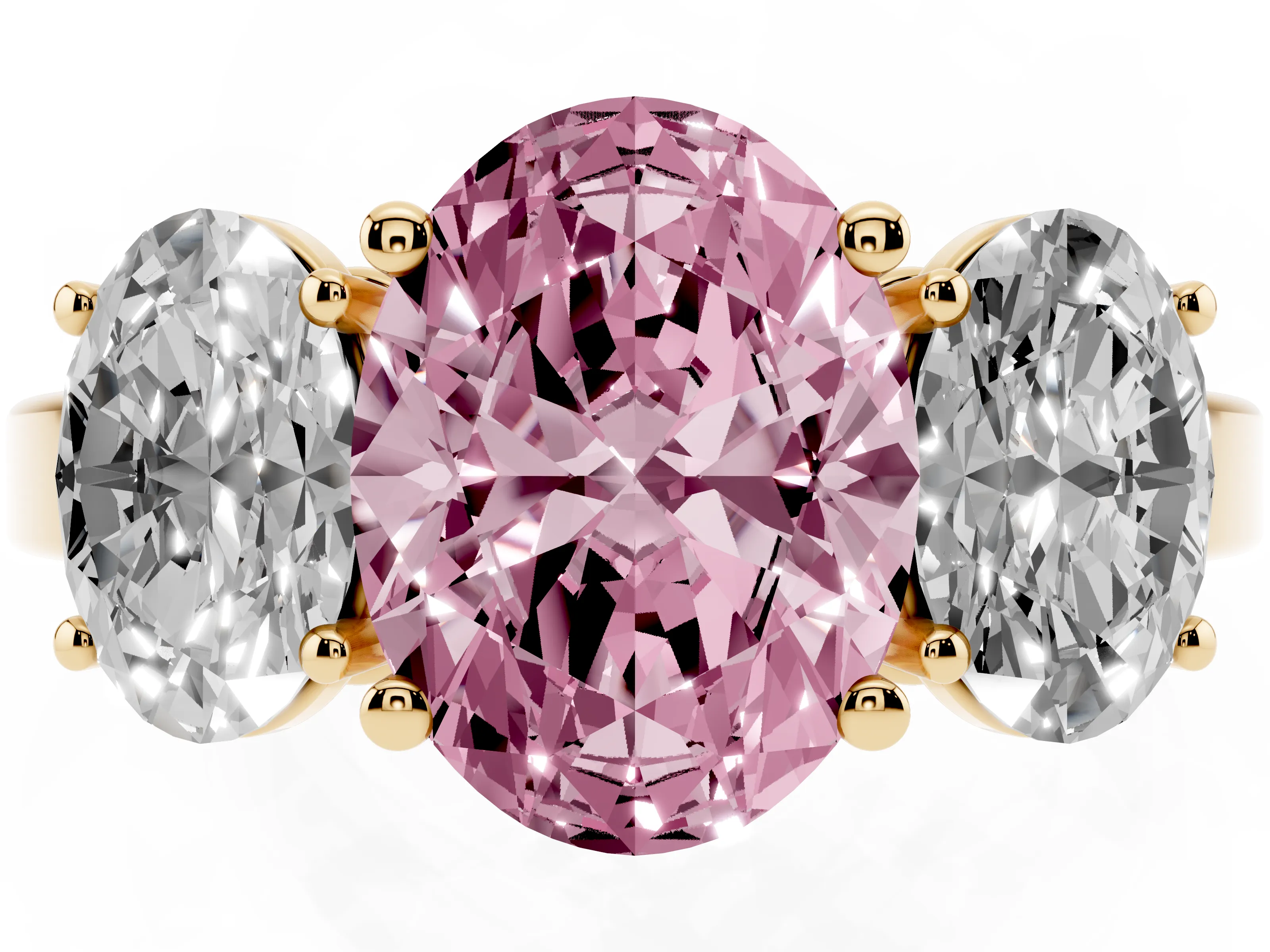 Fancy Pink Oval Cut Diamond Three-Stone Engagement Ring Set in Yellow gold with Flat Band