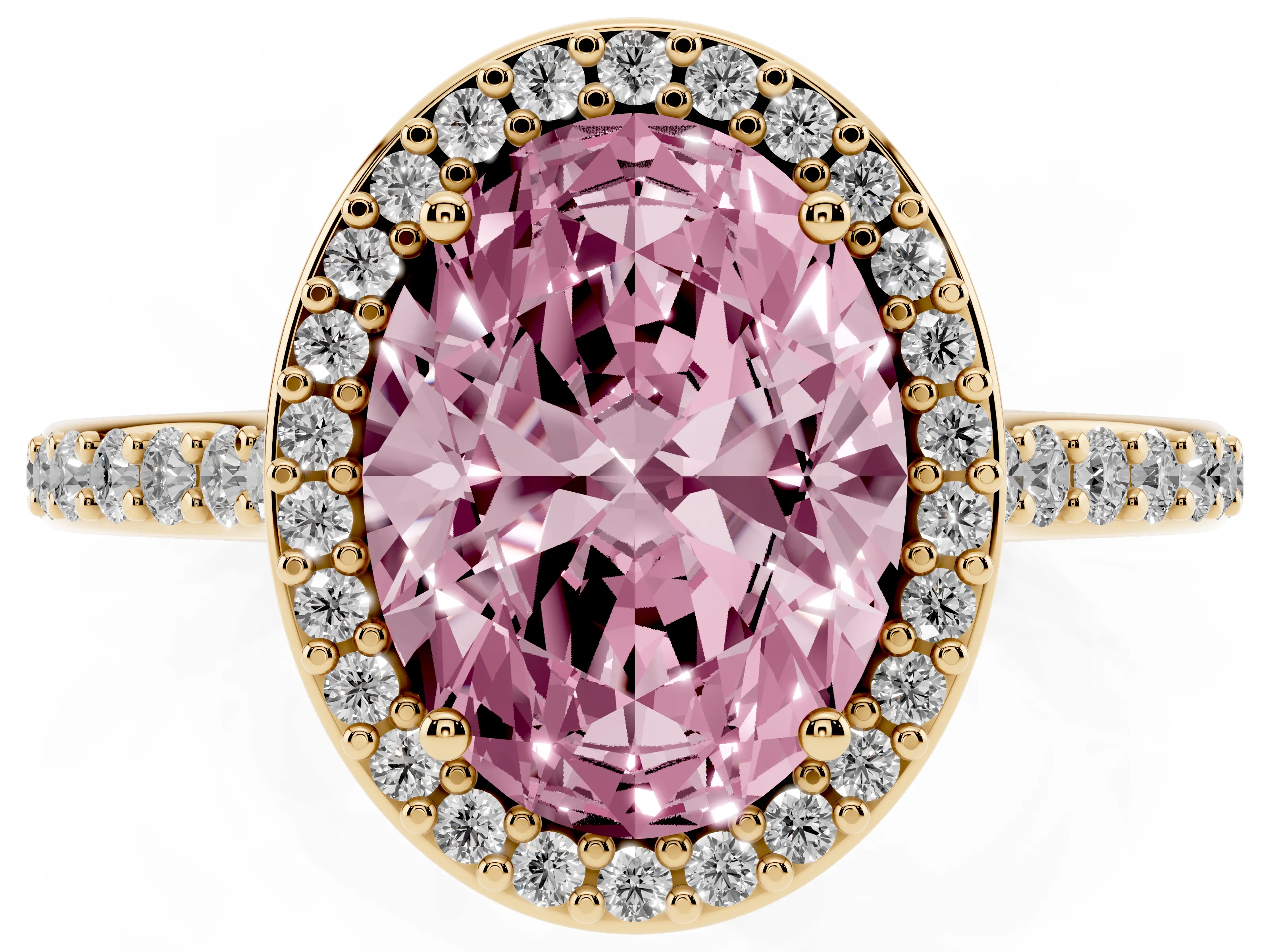 Fancy Pink Oval Cut Diamond Halo Engagement Ring Set in Yellow gold with Round Pavé Shoulders and Heart Gallery