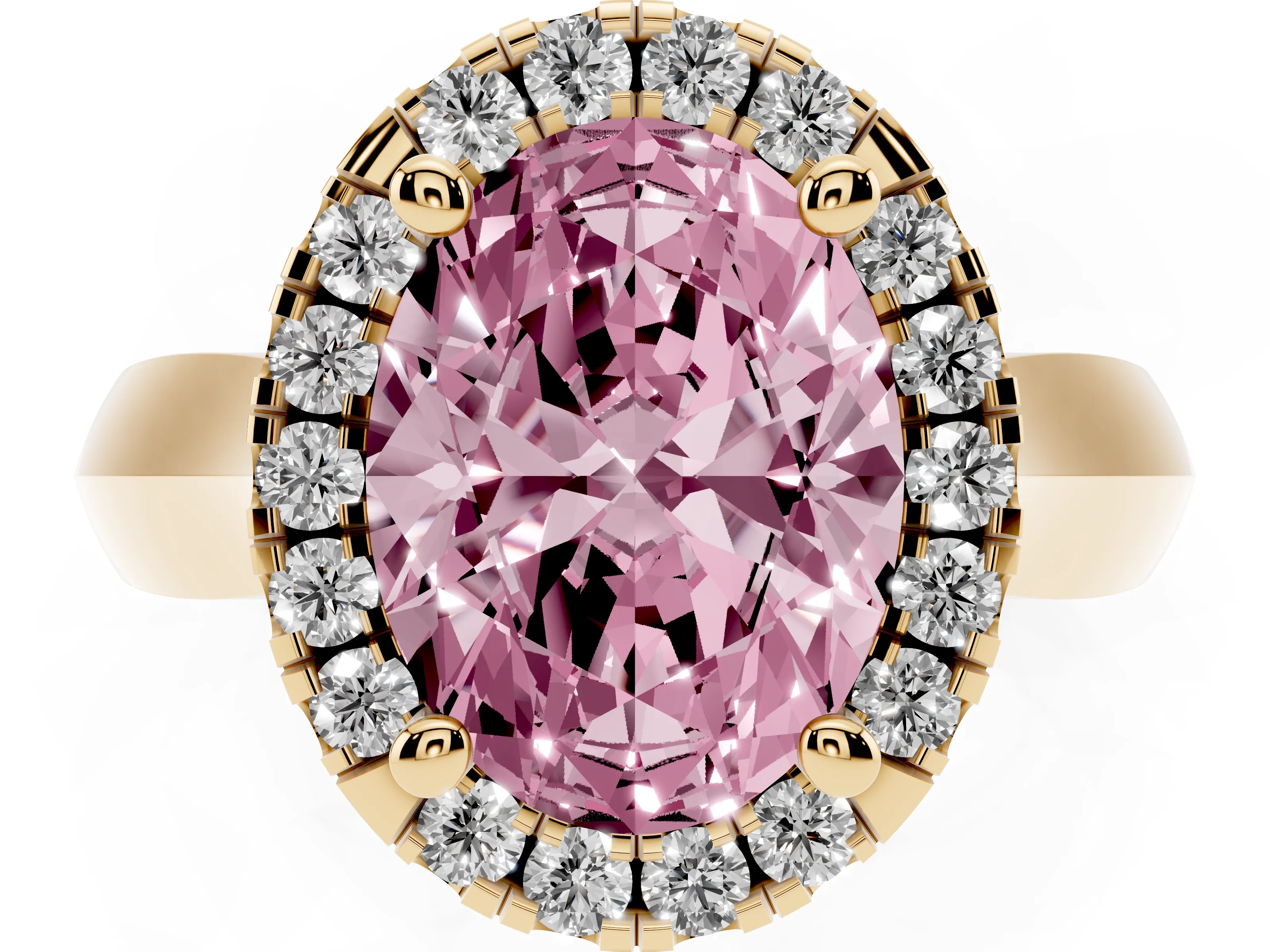 Fancy Pink Oval Cut Diamond Halo Solitaire Engagement Ring Set in Yellow gold with Square Band and Prong Setting