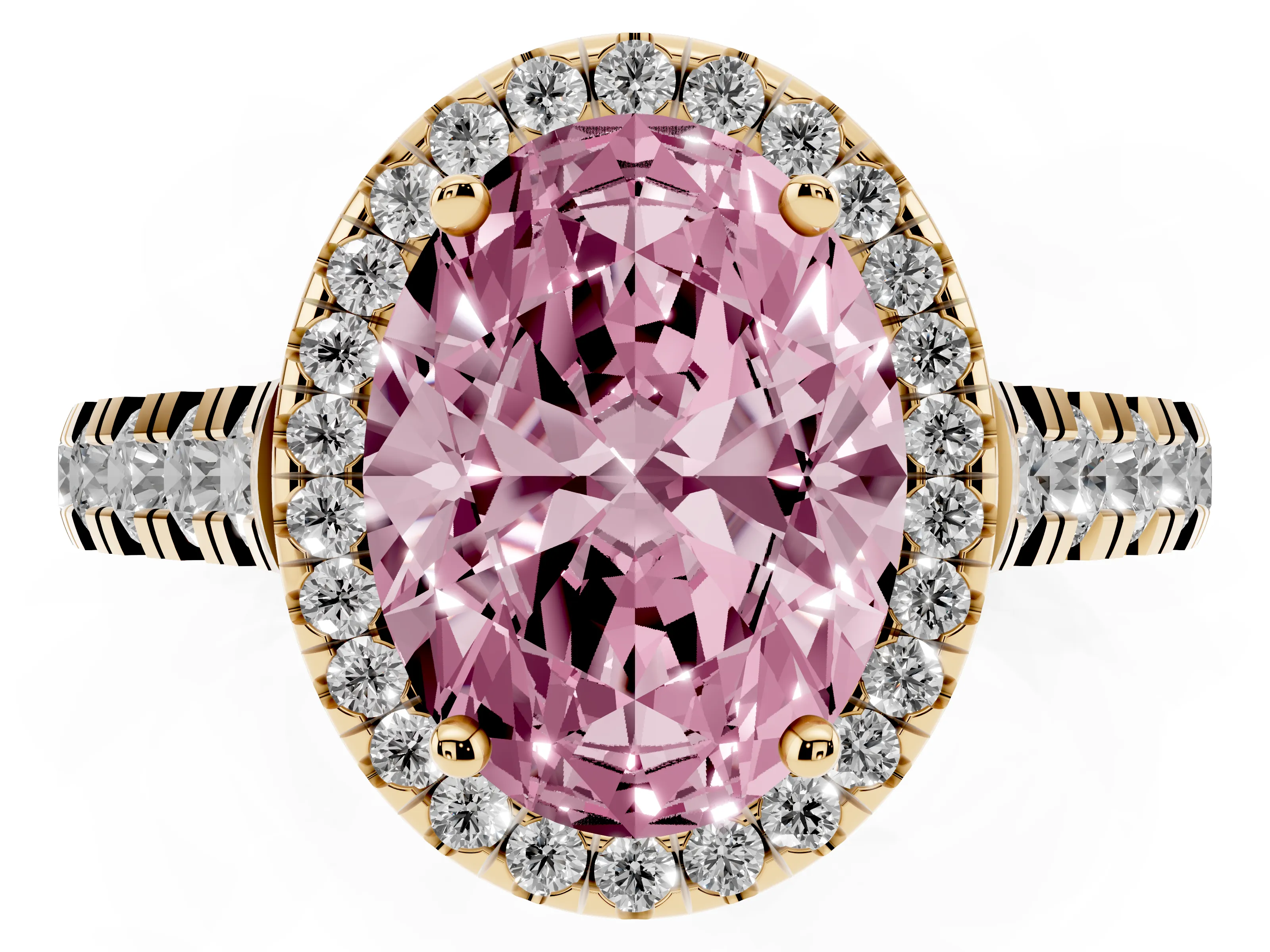 Fancy Pink Oval Cut Diamond Halo Engagement Ring Set in Yellow gold with Pavé Band and Prong-Set Center