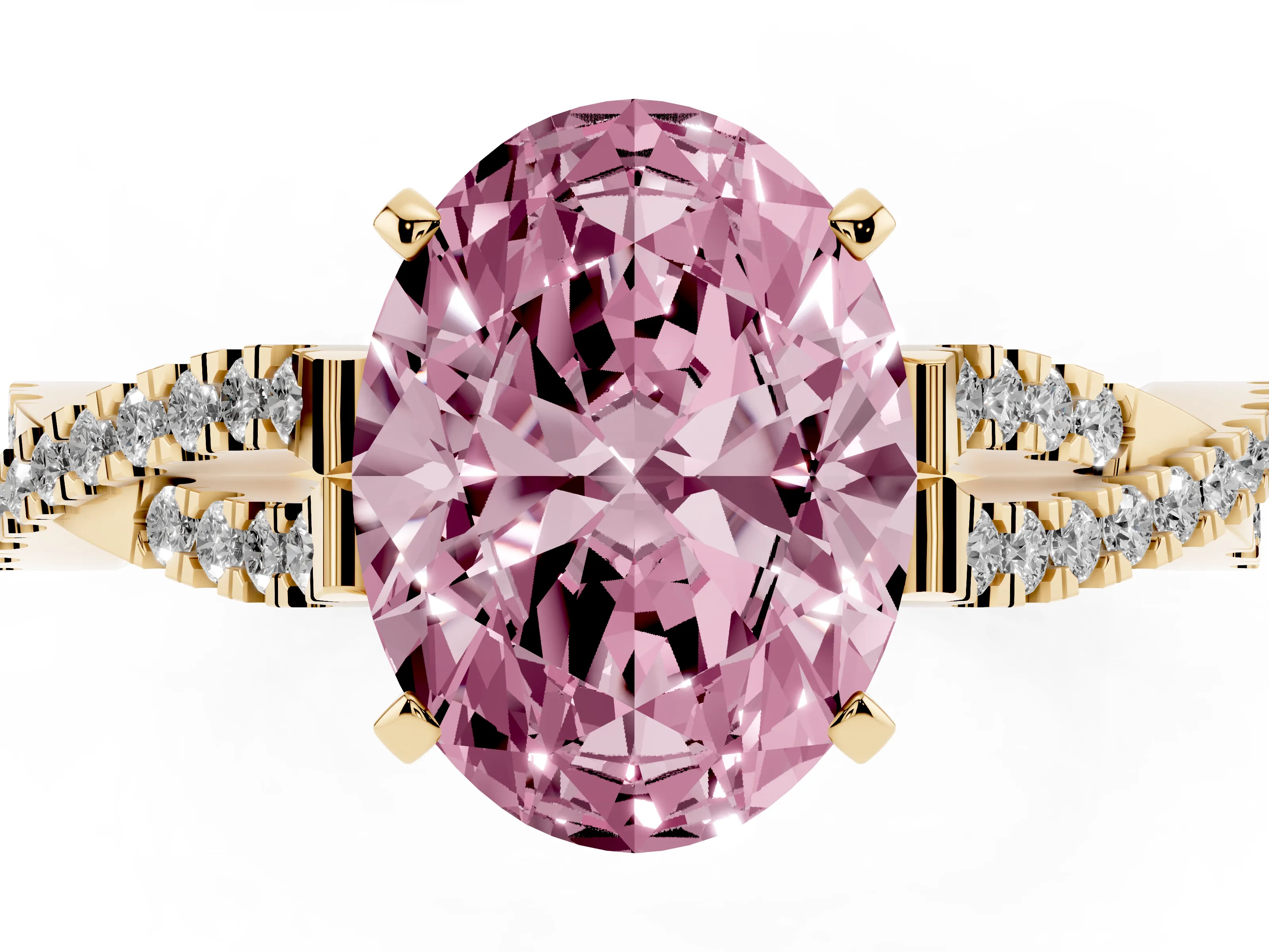 Fancy Pink Oval Cut Diamond Solitaire Engagement Ring Set in Yellow gold with Twisted Pavé Band and Prong Setting