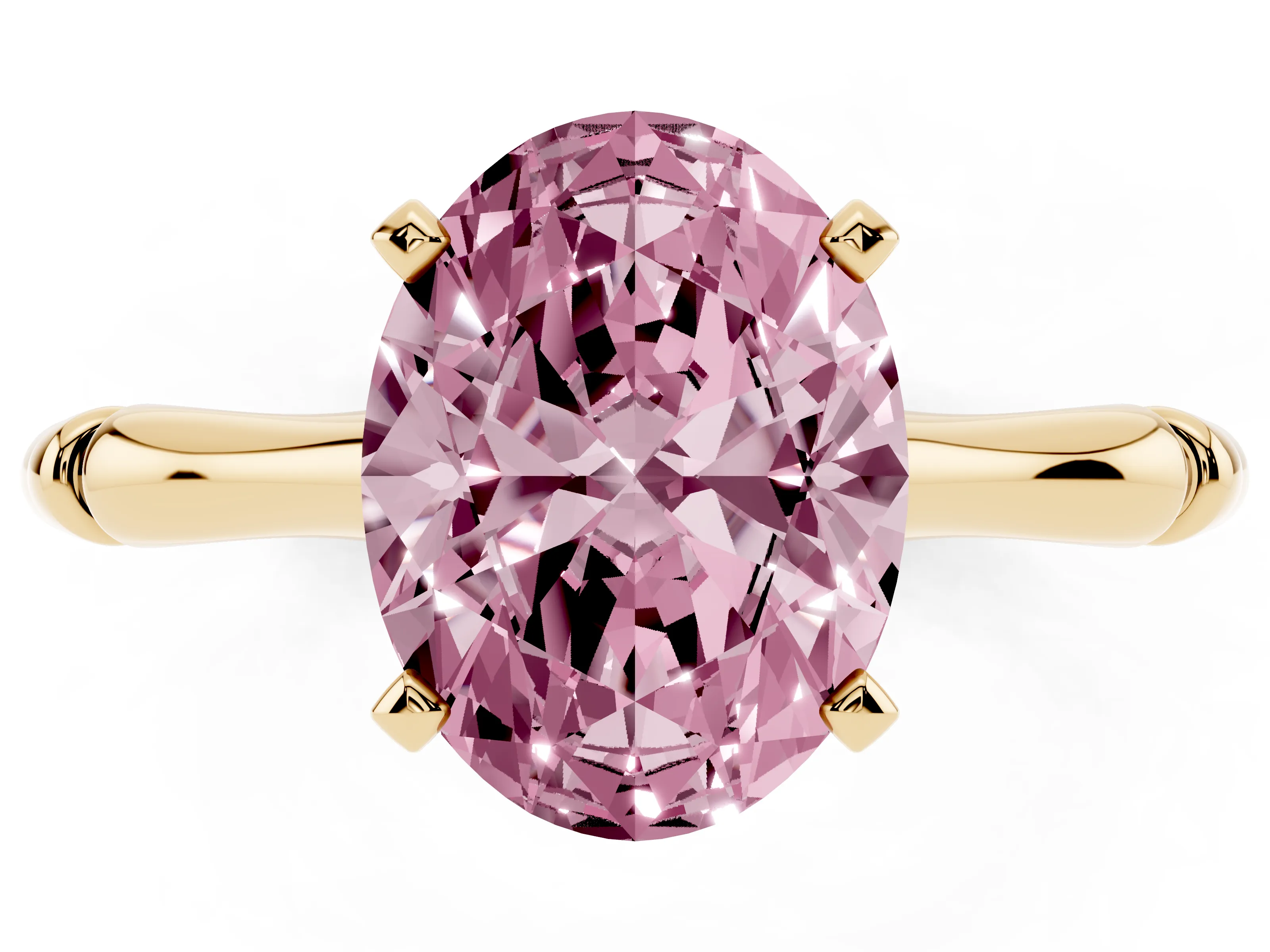 Fancy Pink Oval Cut Diamond Solitaire Ring Set in Yellow gold with Bamboo Band and Prong Setting
