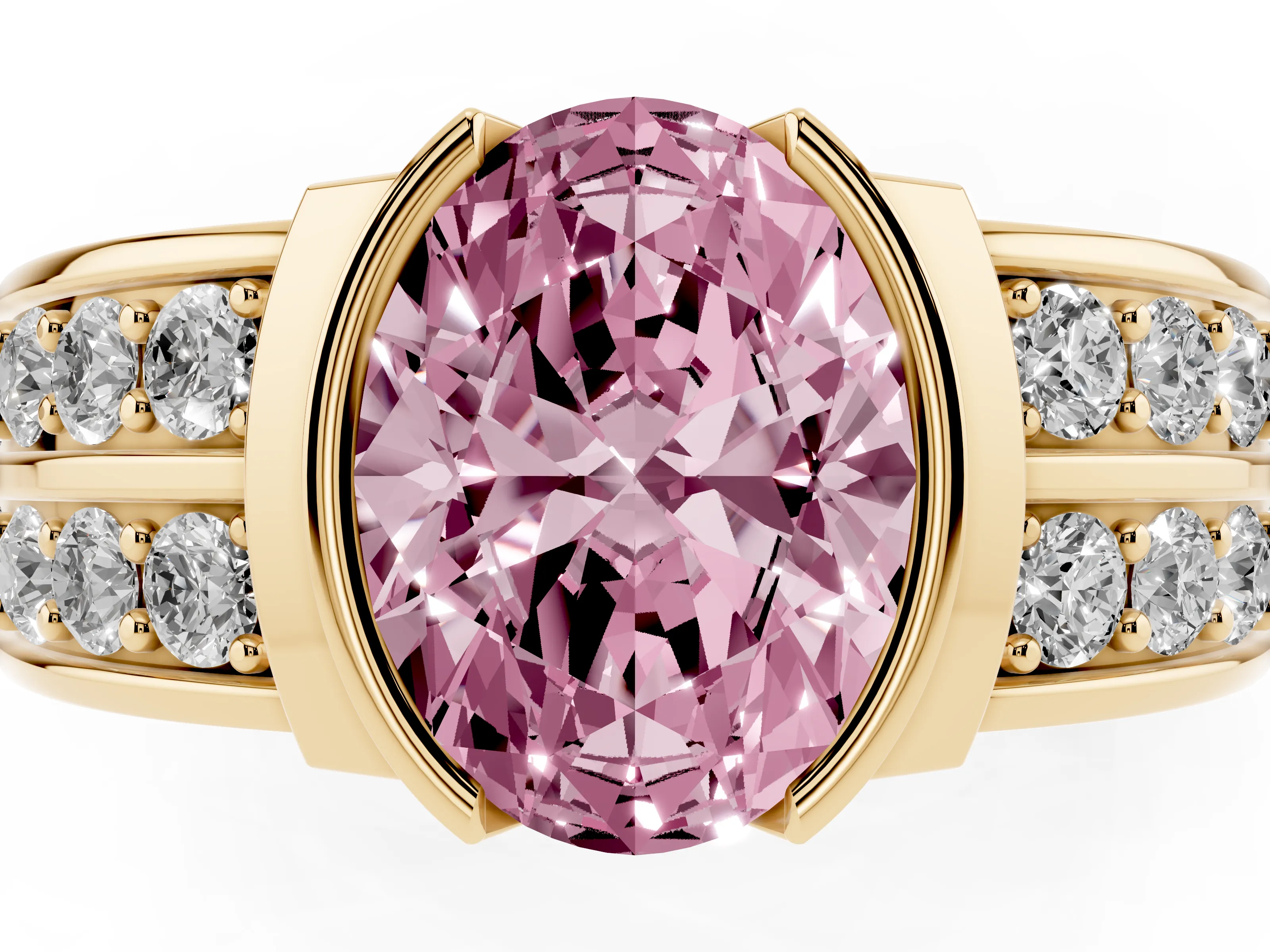 Fancy Pink Oval Cut Diamond Wide Channel Set Band Ring Set in Yellow gold with Bezel Setting