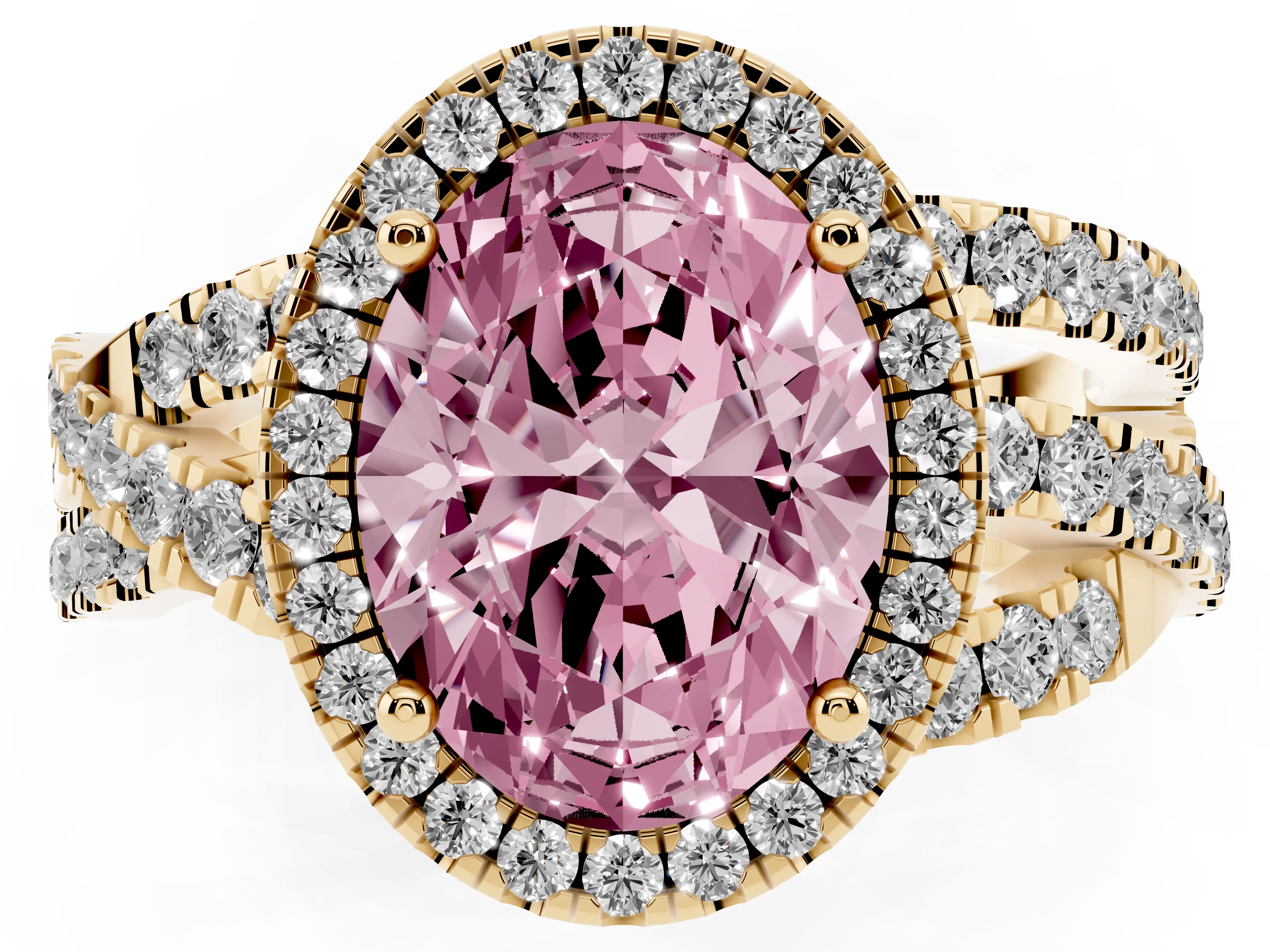 Fancy Pink Oval Cut Diamond Halo Ring Set in Yellow gold with Round Crossover Split Shank and Prong Setting