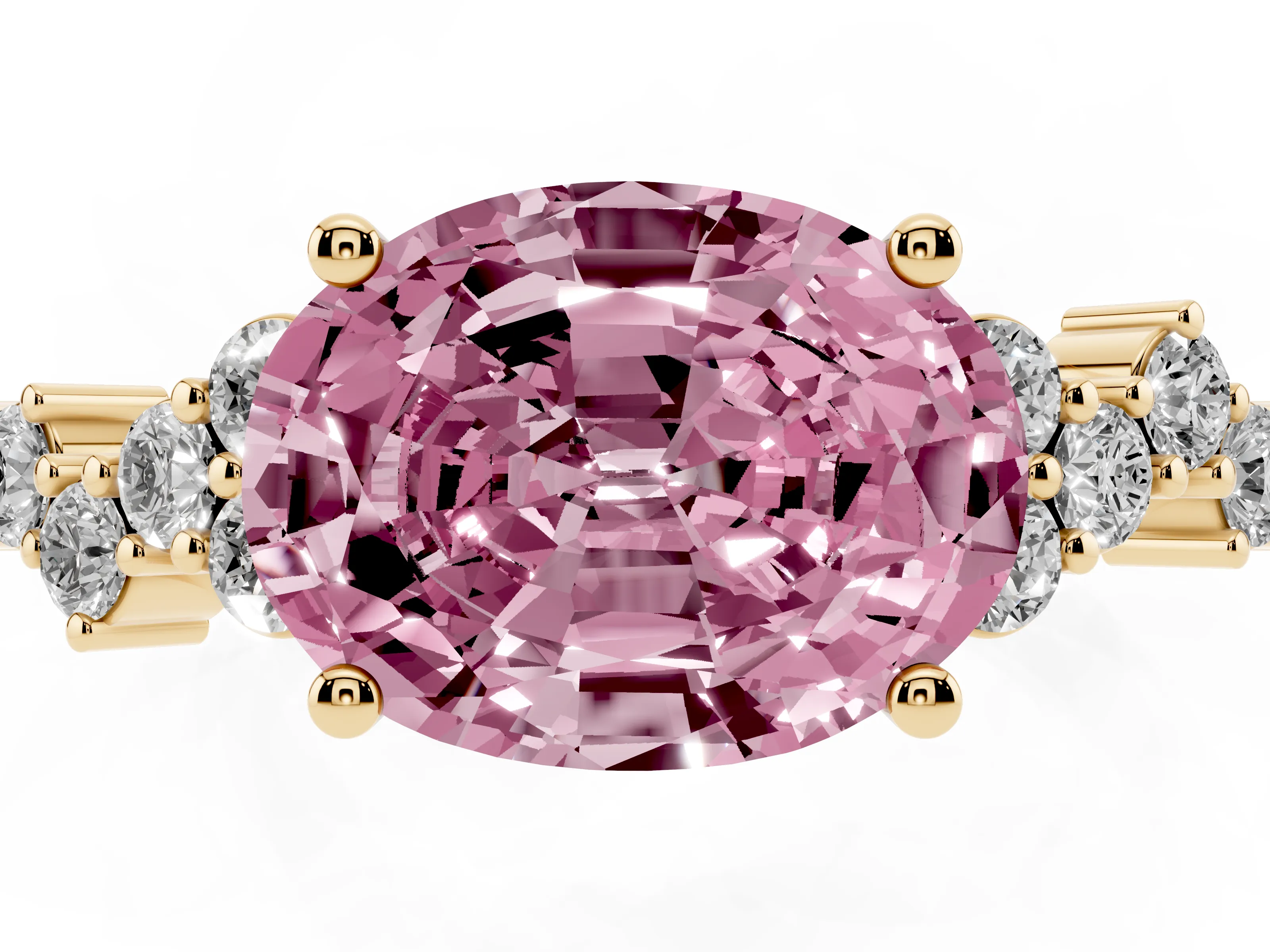 Fancy Pink Oval Cut Diamond Ring Set in Yellow gold with Scattered Round Accents