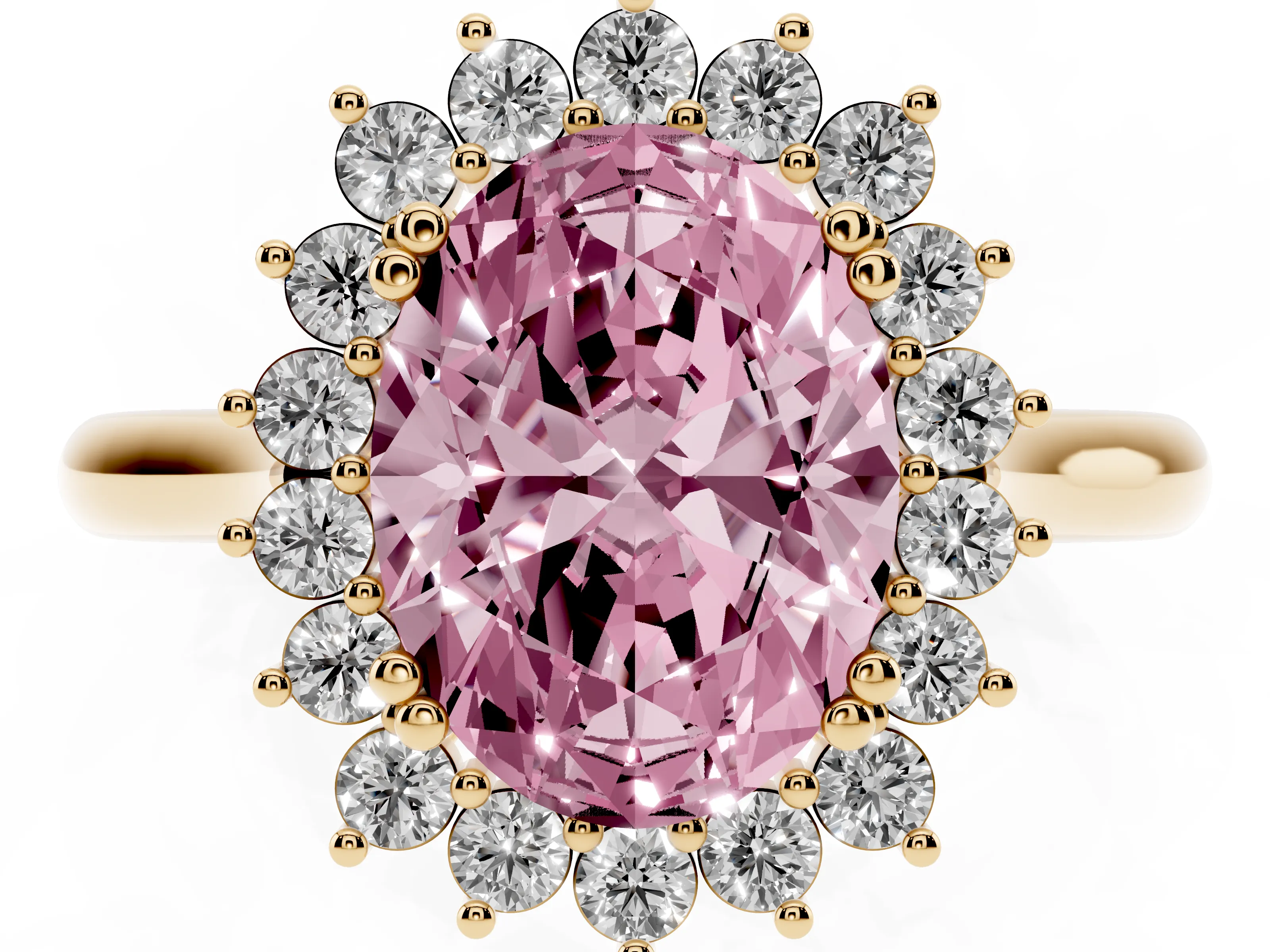 Fancy Pink Oval Cut Diamond Halo Ring Set in Yellow gold with Plain Solitaire Band and Prong Setting