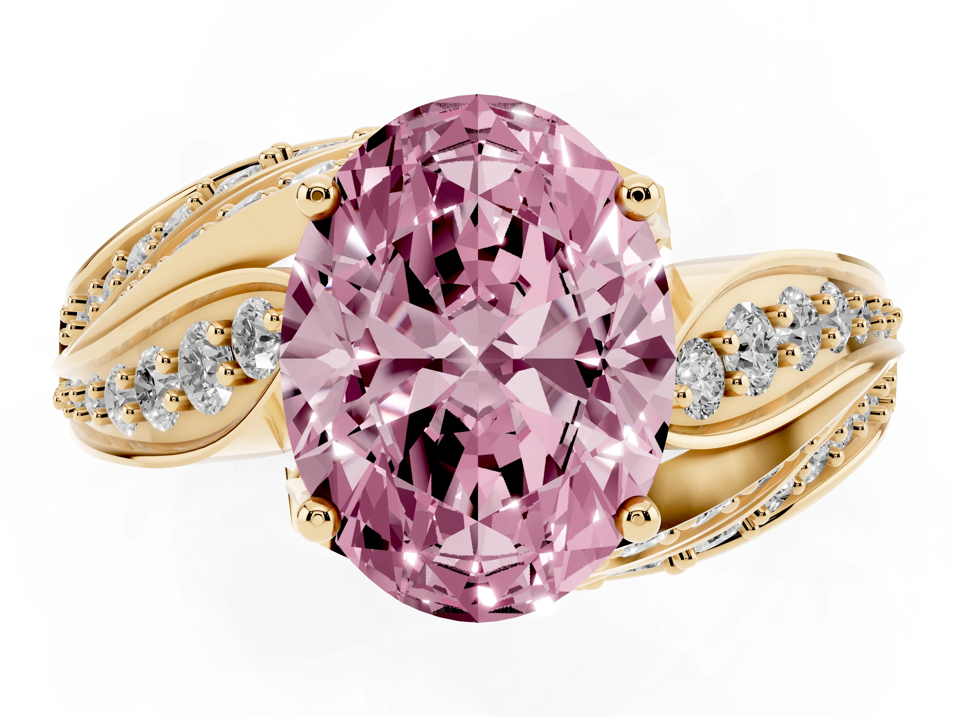 Fancy Pink Oval Cut Diamond Solitaire Ring Set in Yellow gold with Layered Twist Pavé Band