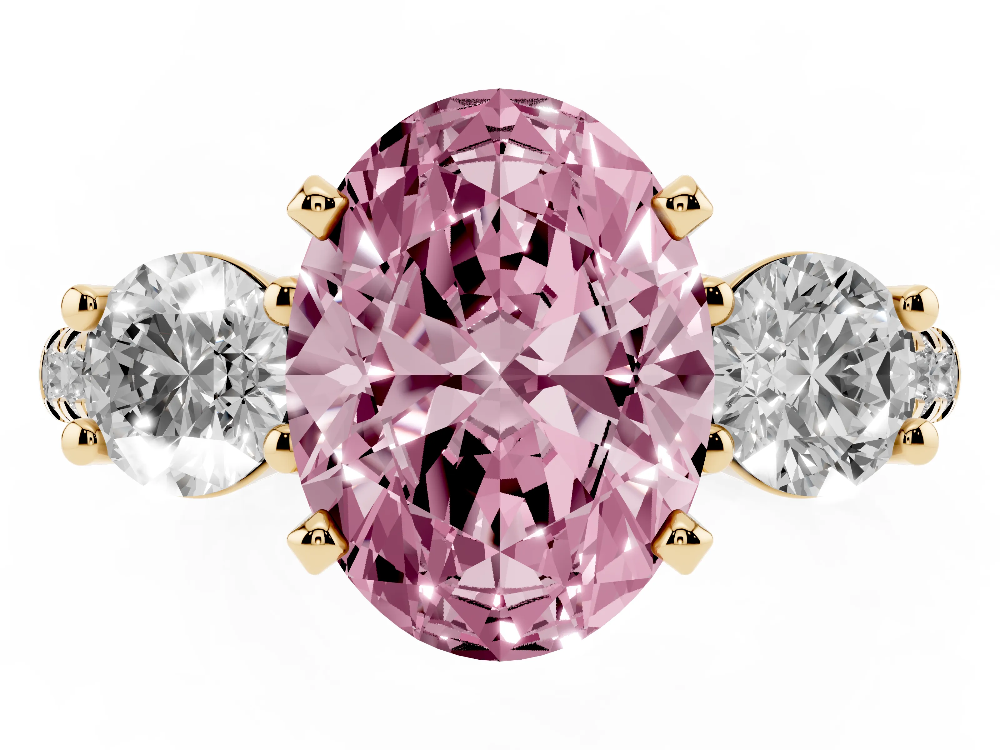 Fancy Pink Three-Stone Oval Cut Diamond Pavé Band Ring Set in Yellow gold with Prong-Set Trio