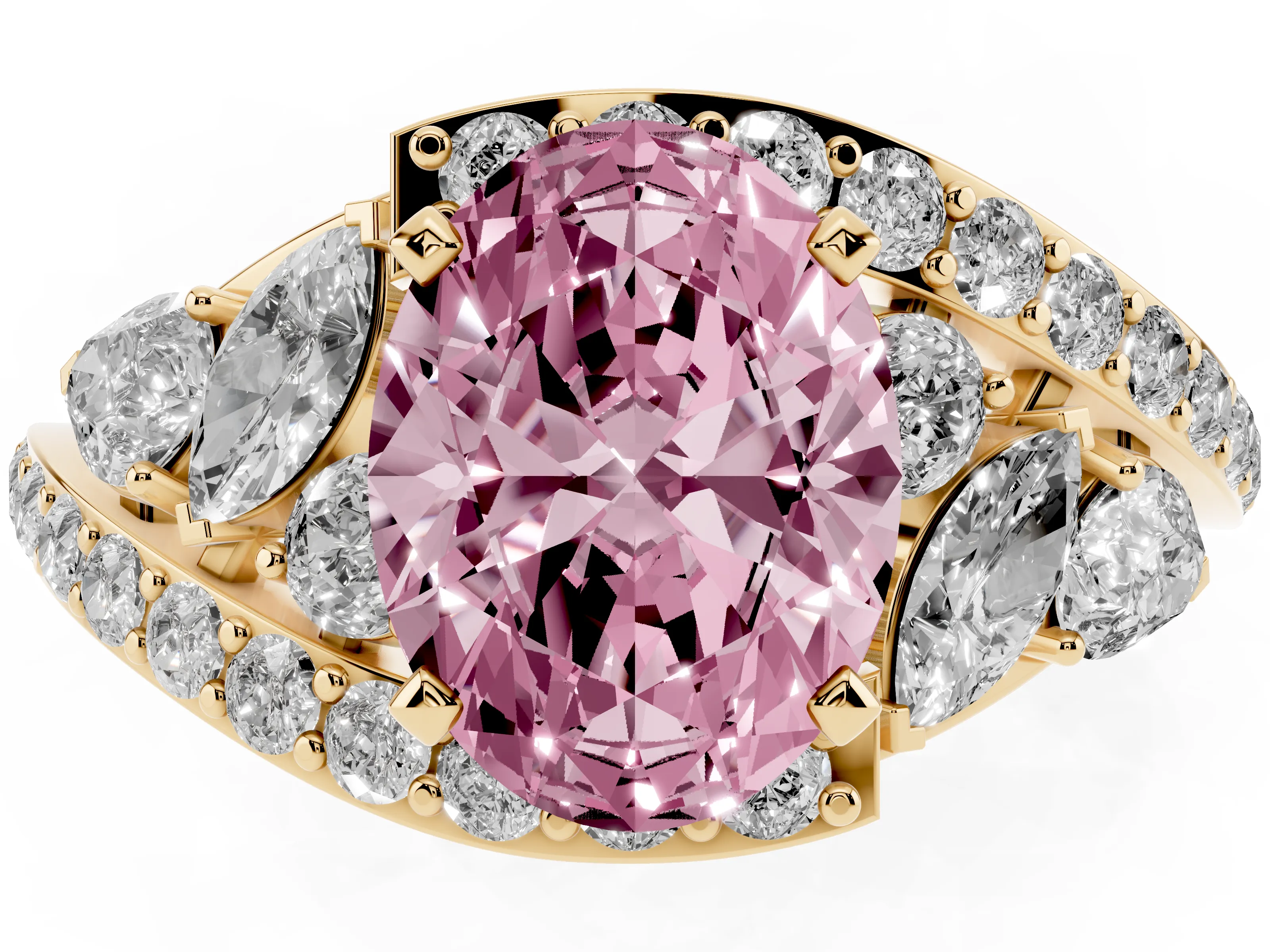 Fancy Pink Oval Cut Diamond Halo Ring Set in Yellow gold with Marquise and Pavé Band in Prong Setting