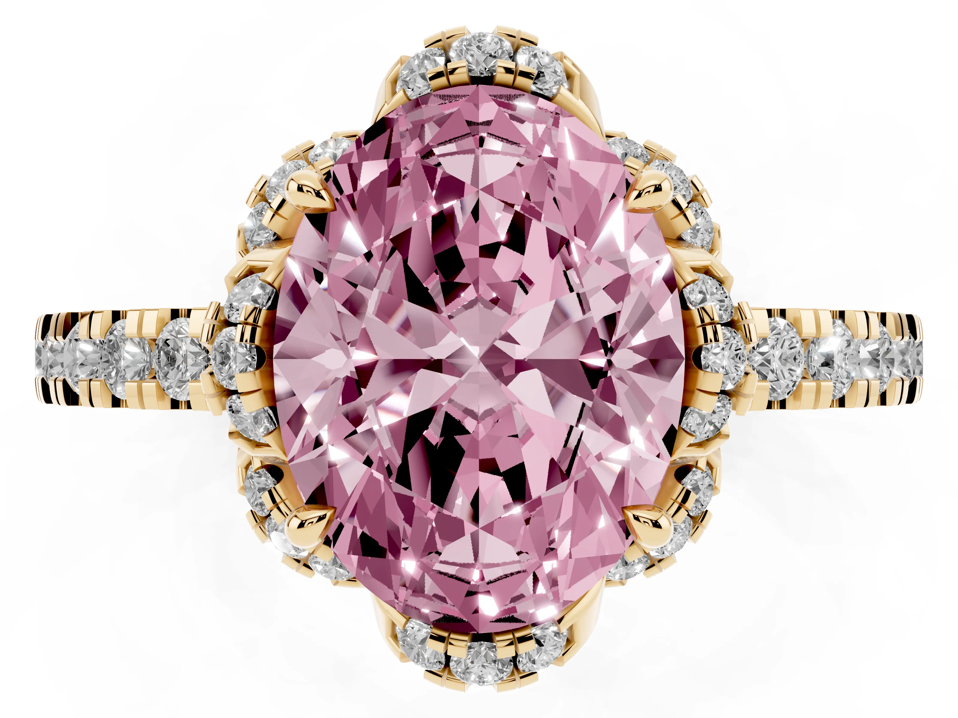 Fancy Pink Oval Cut Diamond Halo Pavé Band Ring Set in Yellow gold with Prong-Held Center