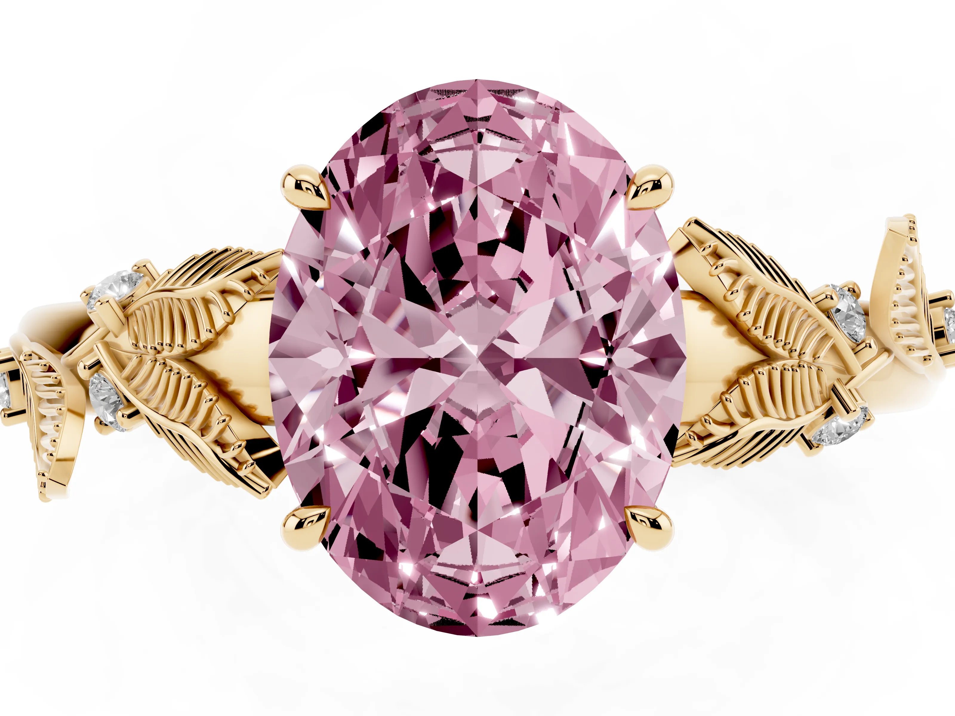 Fancy Pink Oval Cut Diamond Solitaire Ring Set in Yellow gold with Leaf Motif Band