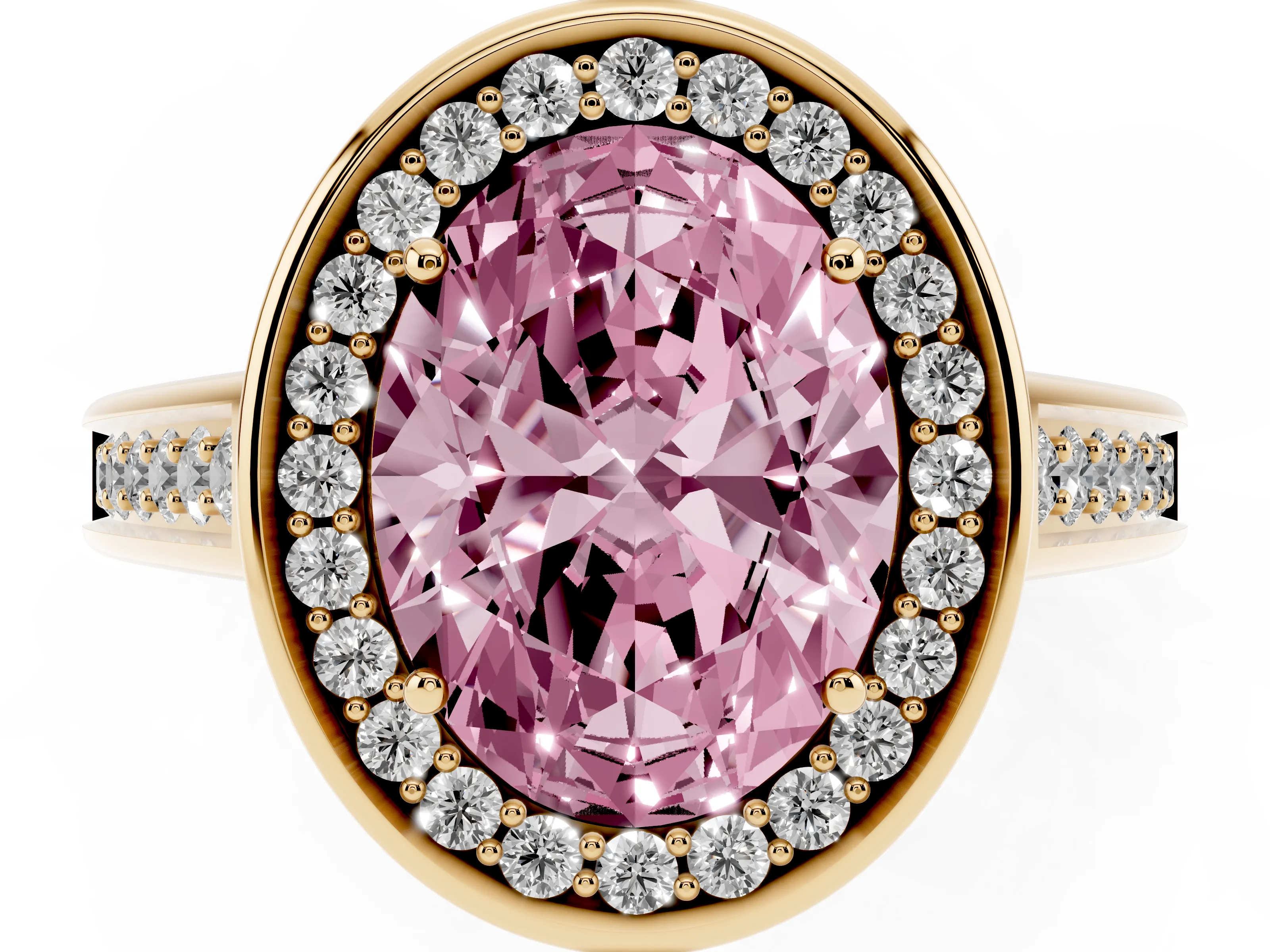 Fancy Pink Oval Cut Diamond Halo Solitaire Ring Set in Yellow gold with Pavé Band and Bezel Setting