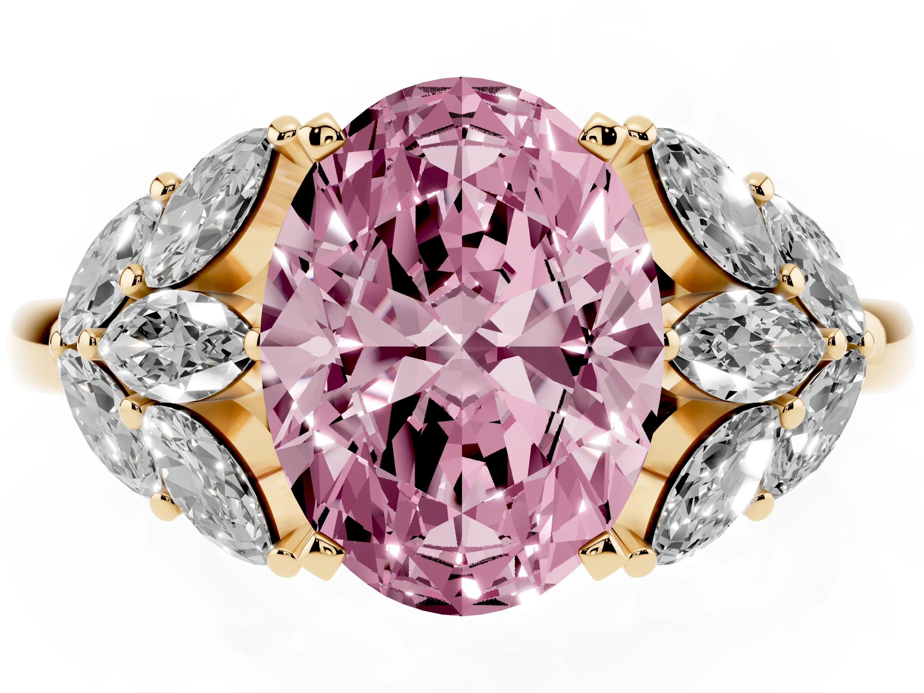 Fancy Pink Oval Cut Diamond Cluster Leaf Design Ring Set in Yellow gold with Prong Setting