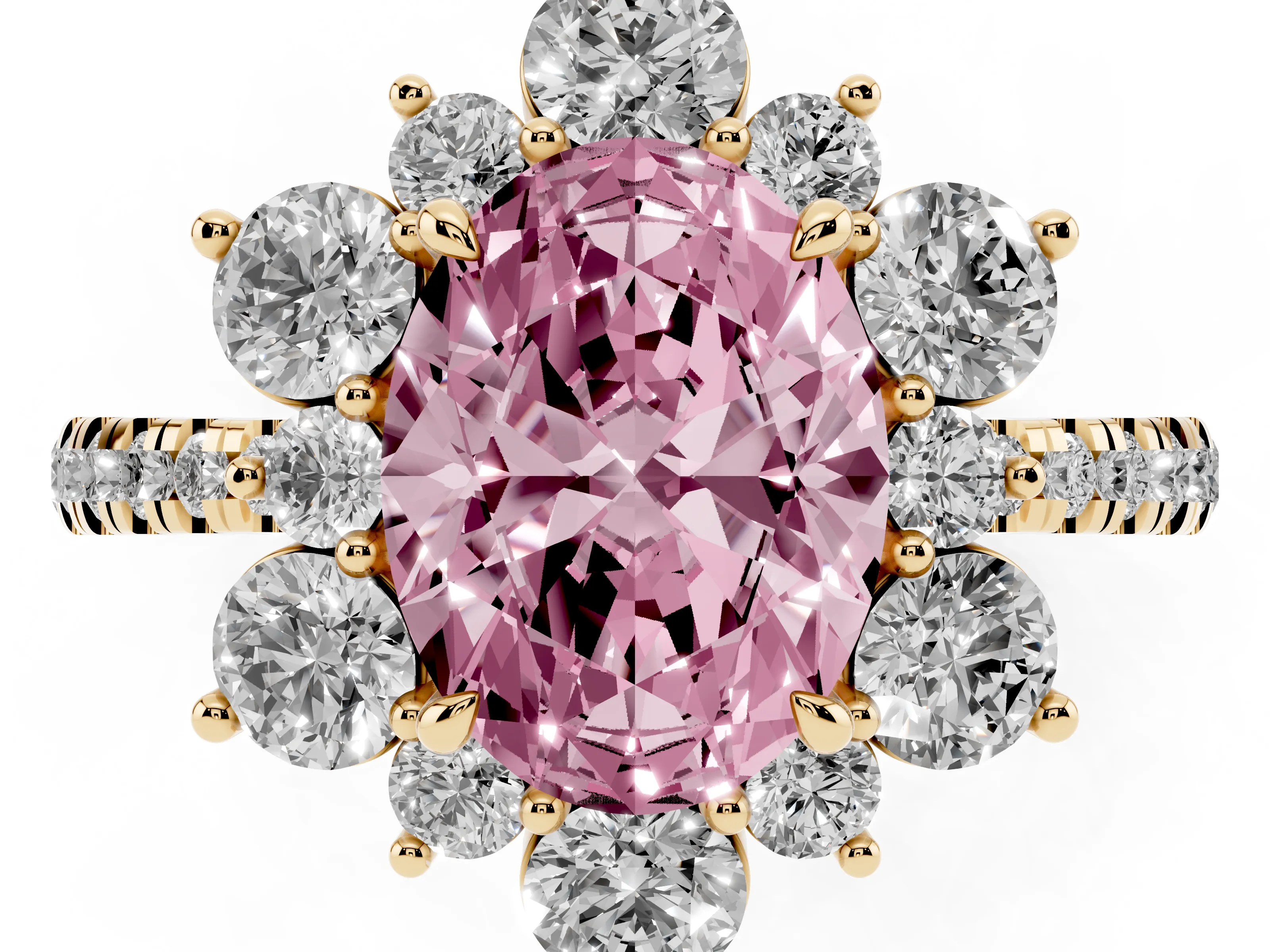 Fancy Pink Oval Cut Diamond Floral Halo Ring Set in Yellow gold with Round Pavé Band and Prong Setting