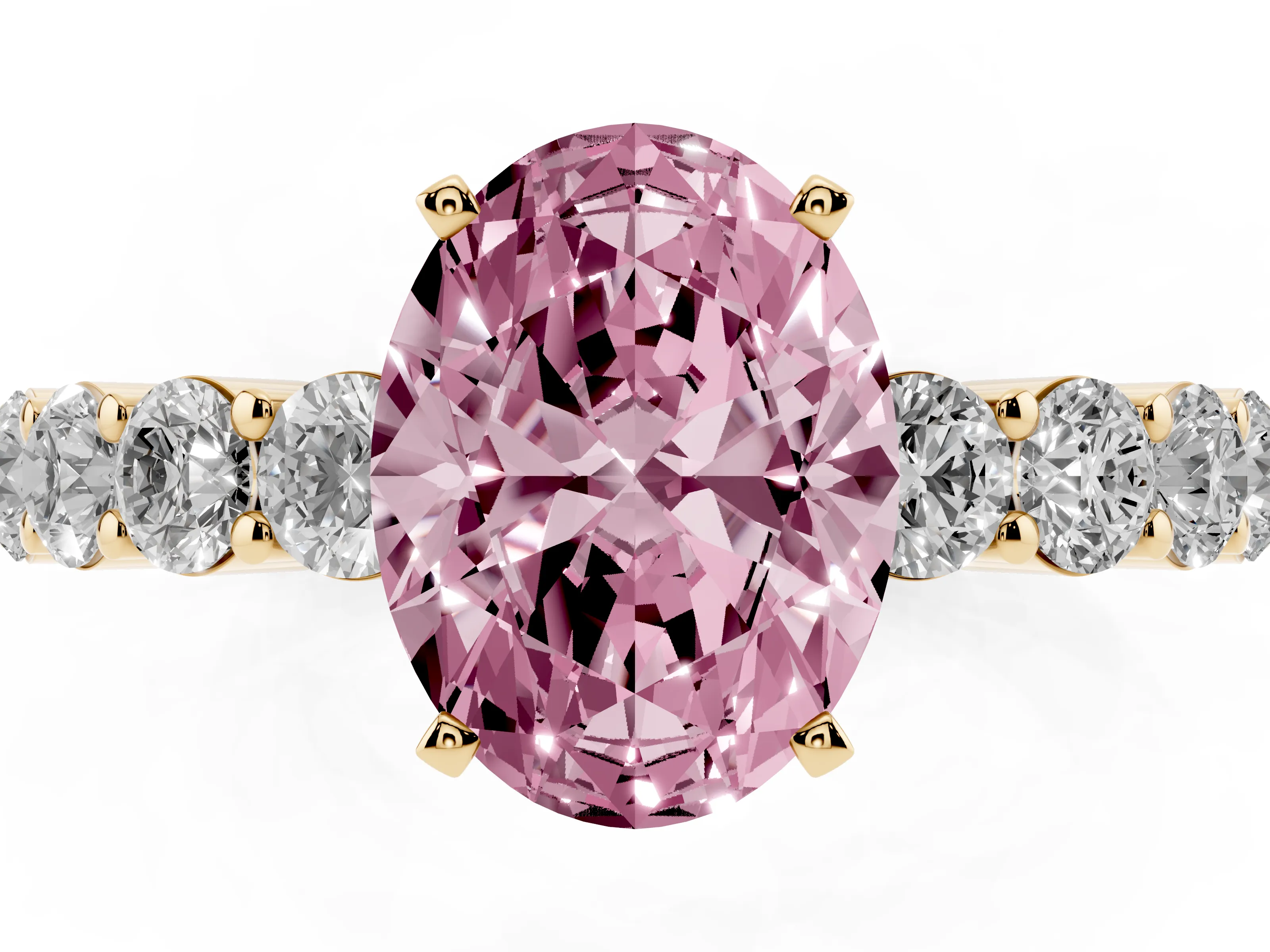 Fancy Pink Oval Cut Diamond Solitaire Ring Set in Yellow gold with Shared Prong Round Side Stones