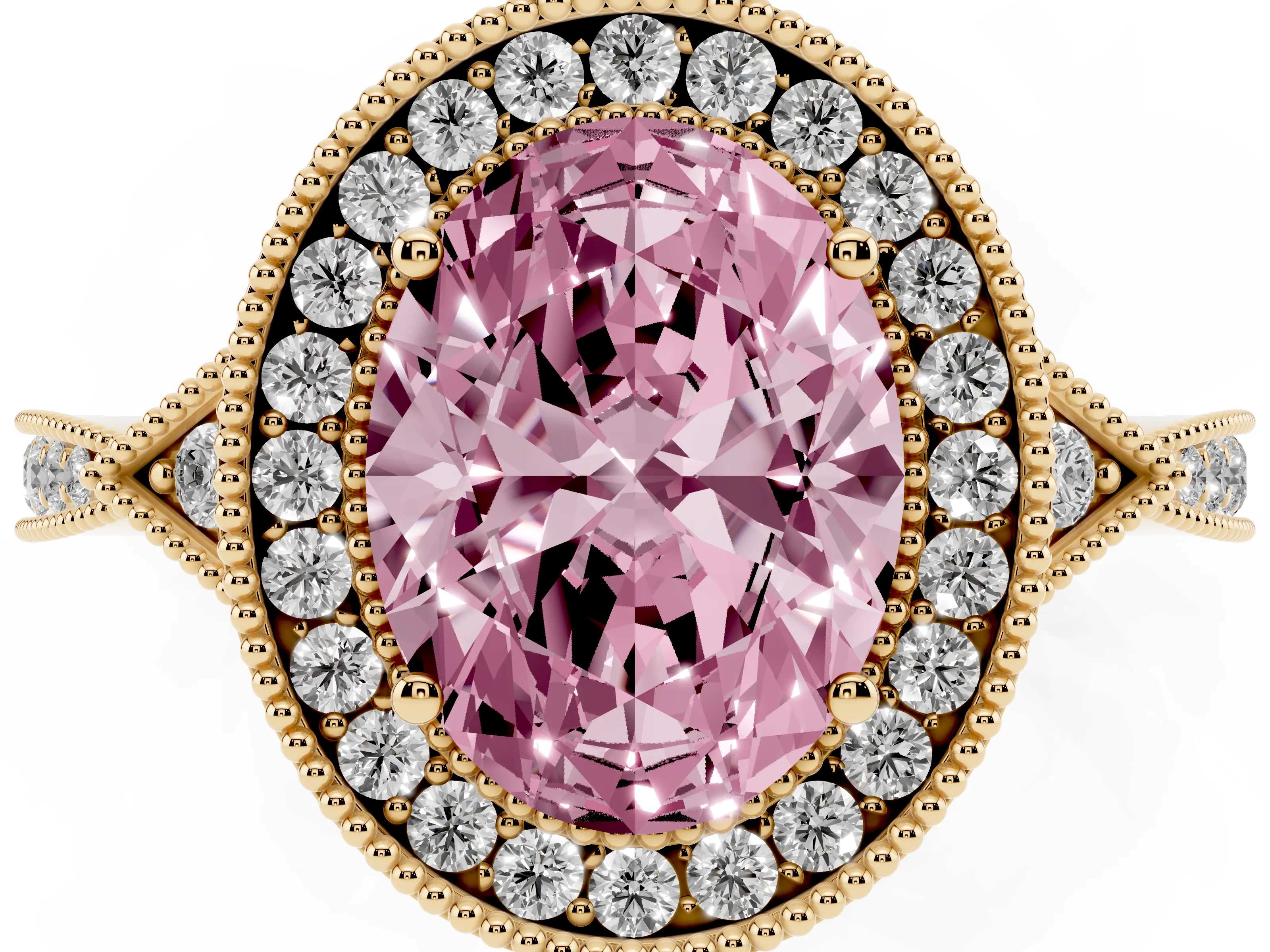Fancy Pink Oval Cut Diamond Halo Engagement Ring Set in Yellow gold with Milgrain Pavé Band