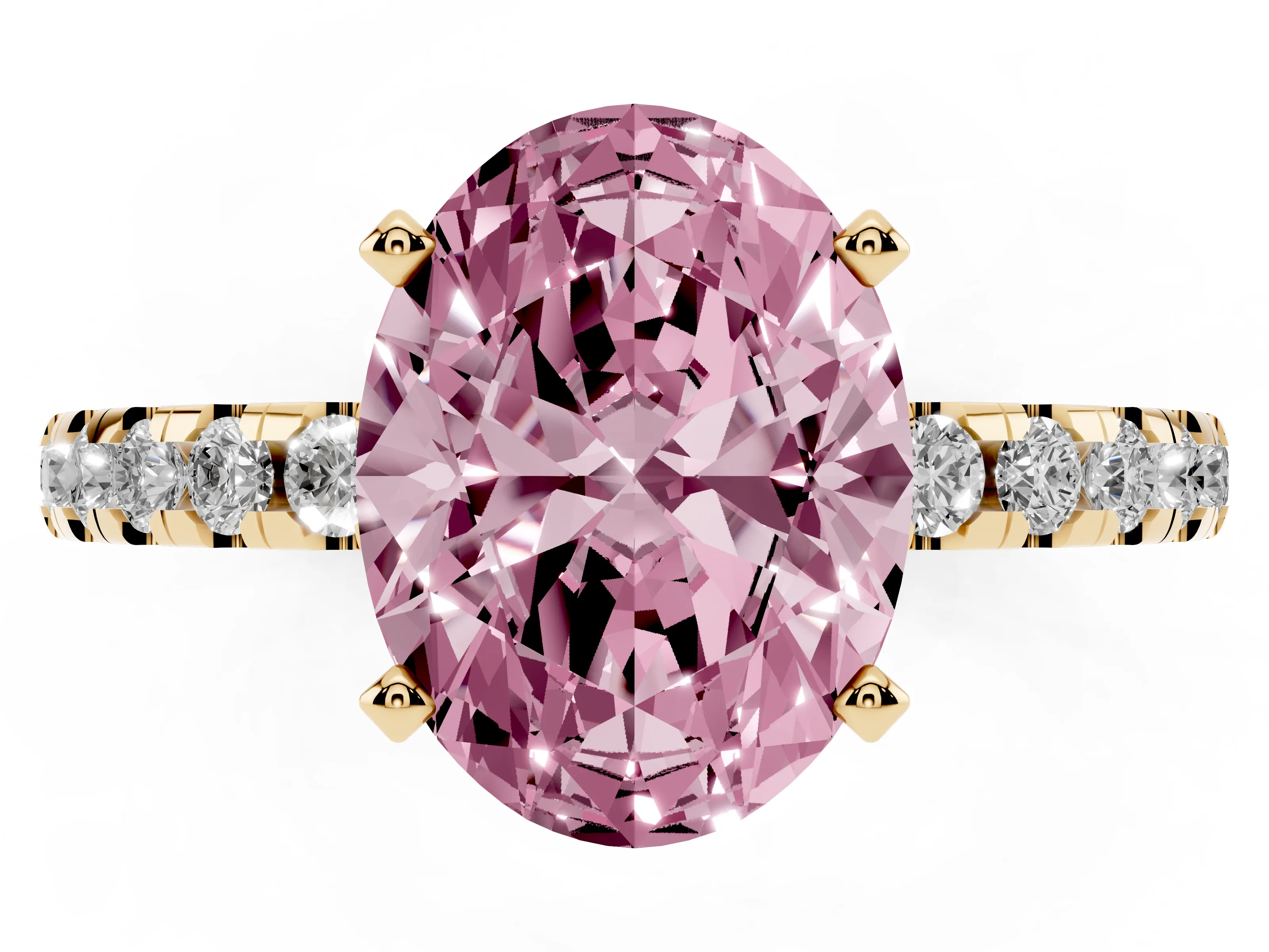 Fancy Pink Oval Cut Diamond Pavé Solitaire Ring Set in Yellow gold with Round Band Accents and Prong Setting