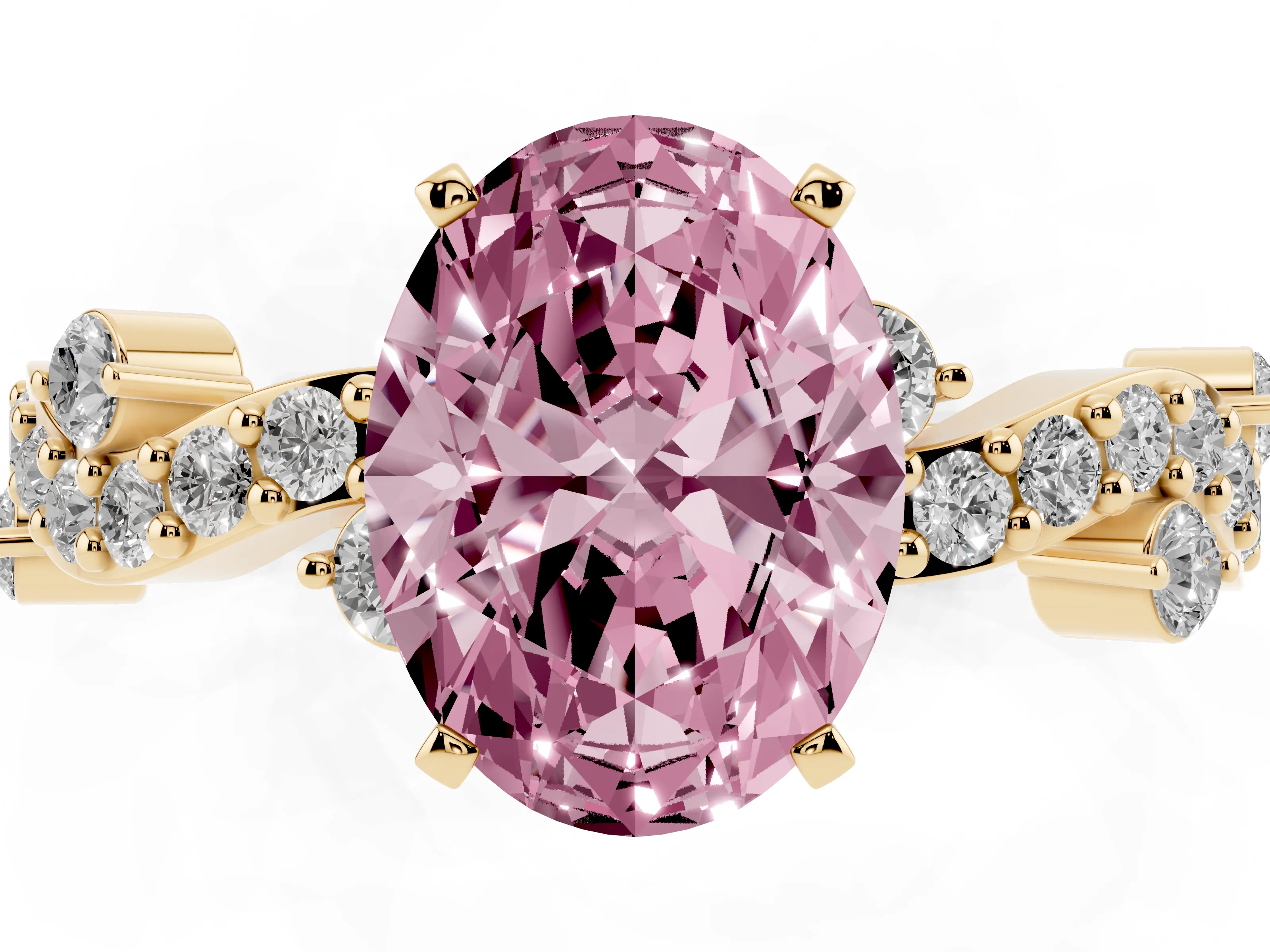 Fancy Pink Oval Cut Diamond Solitaire Twisted Band Set in Yellow gold with Pavé Setting