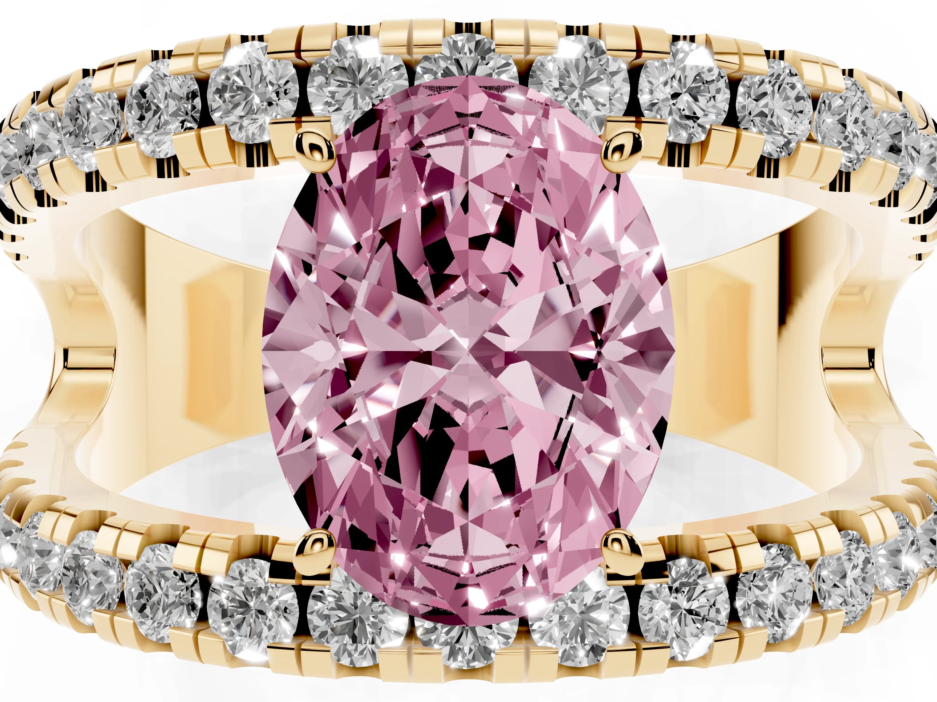 Fancy Pink Oval Cut Diamond Split Shank Pavé Solitaire Ring Set in Yellow gold with Open Shank Design