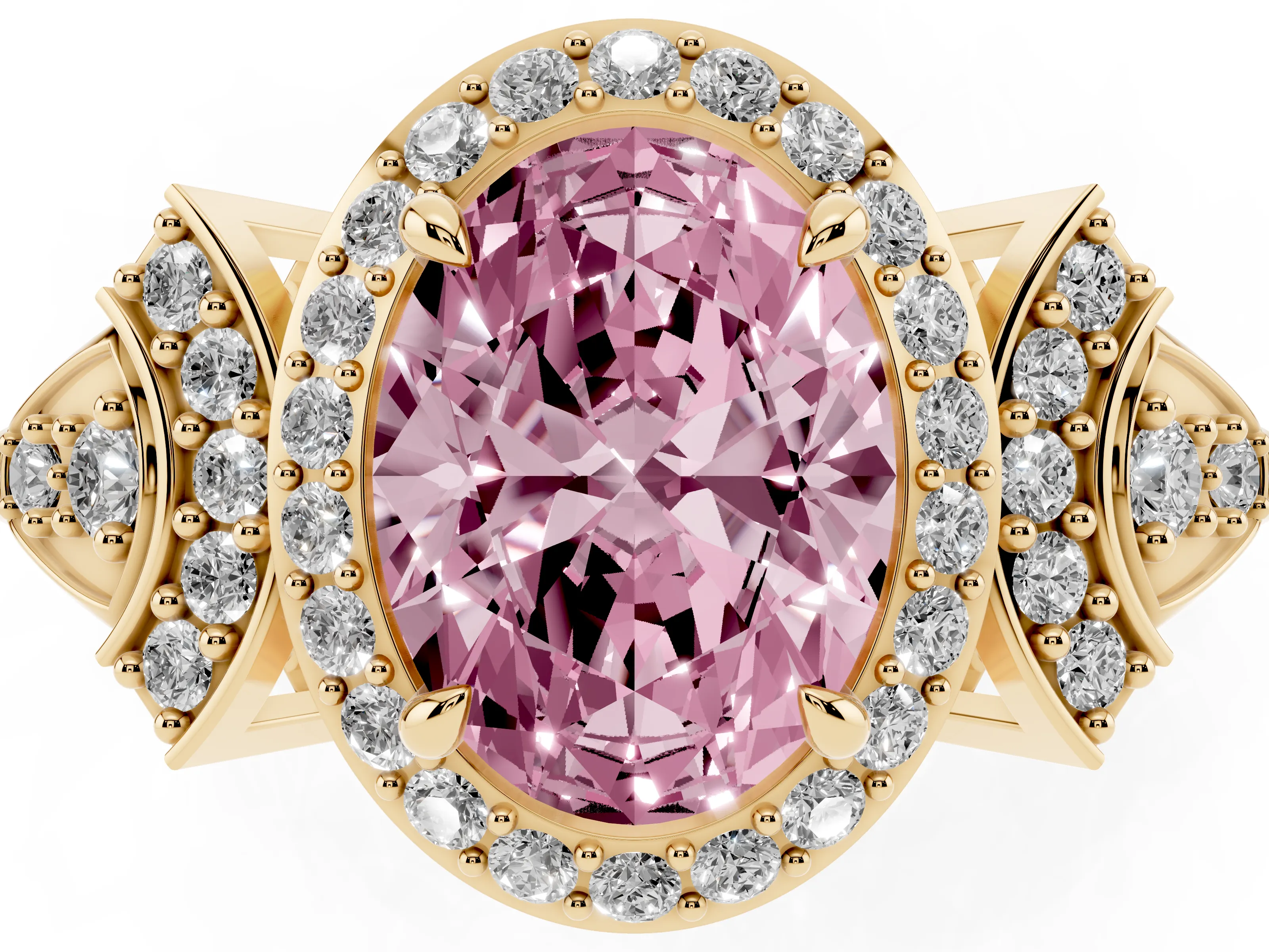Fancy Pink Oval Cut Diamond Halo Engagement Ring Set in Yellow gold with Accent Stone Split Shank