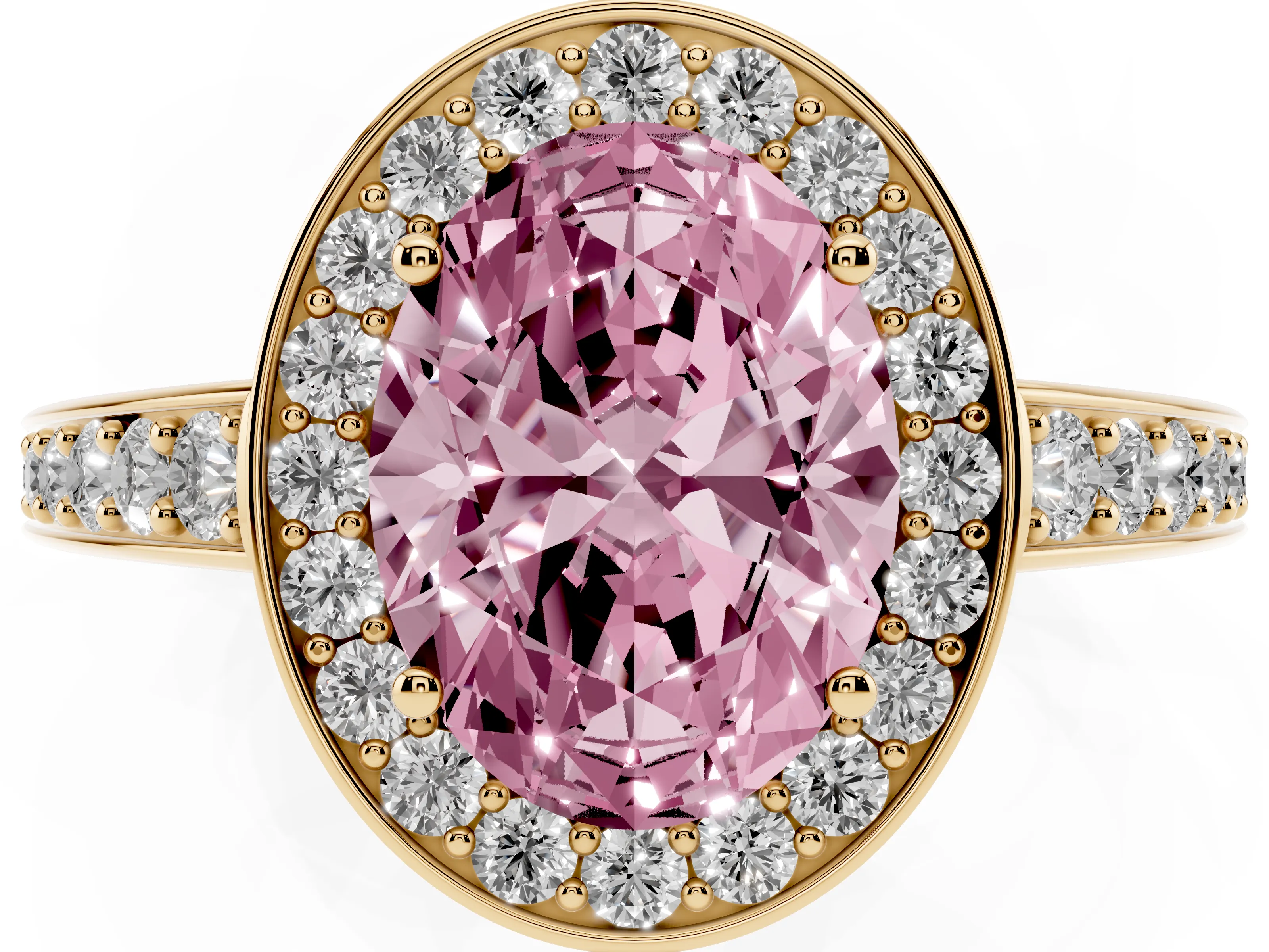 Fancy Pink Oval Cut Diamond Halo Pavé Engagement Ring Set in Yellow gold with Bezel Setting