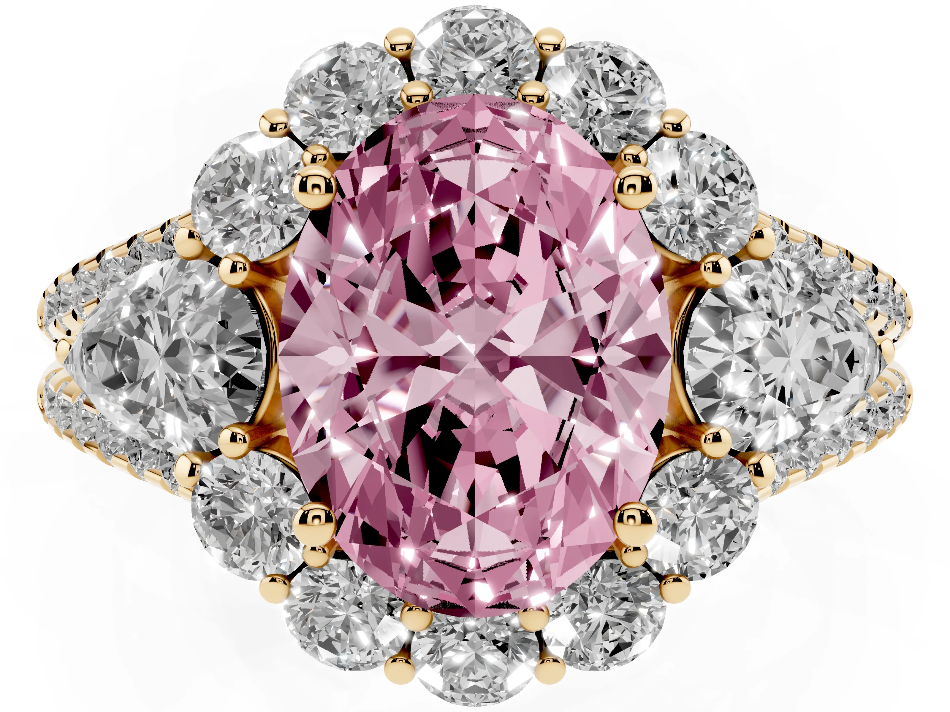 Fancy Pink Oval Cut Diamond Halo Split Shank Engagement Ring Set in Yellow gold with Prong-Held Center Stone