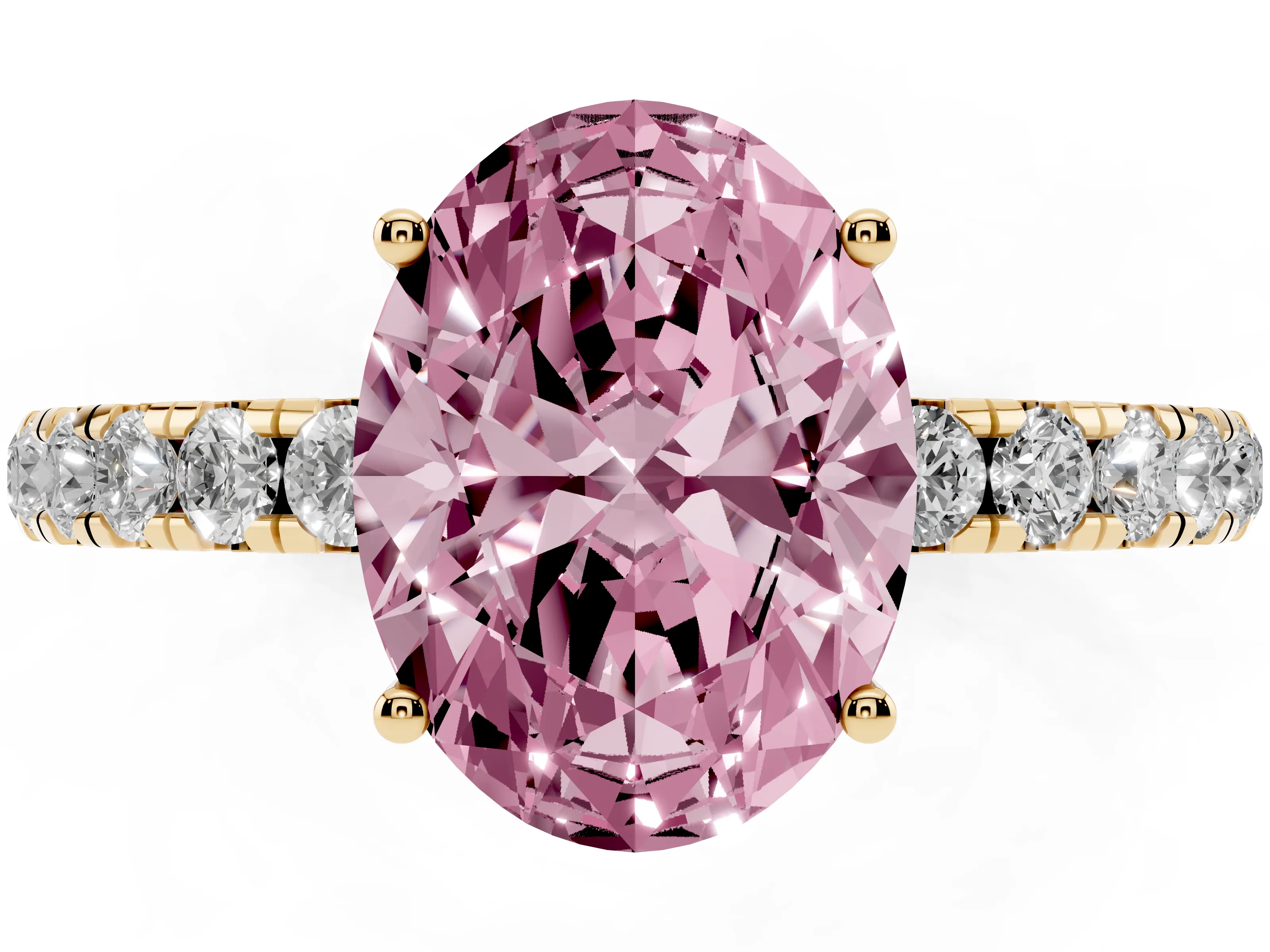 Fancy Pink Oval Cut Diamond Pavé Solitaire Engagement Ring Set in Yellow gold with Prong Setting